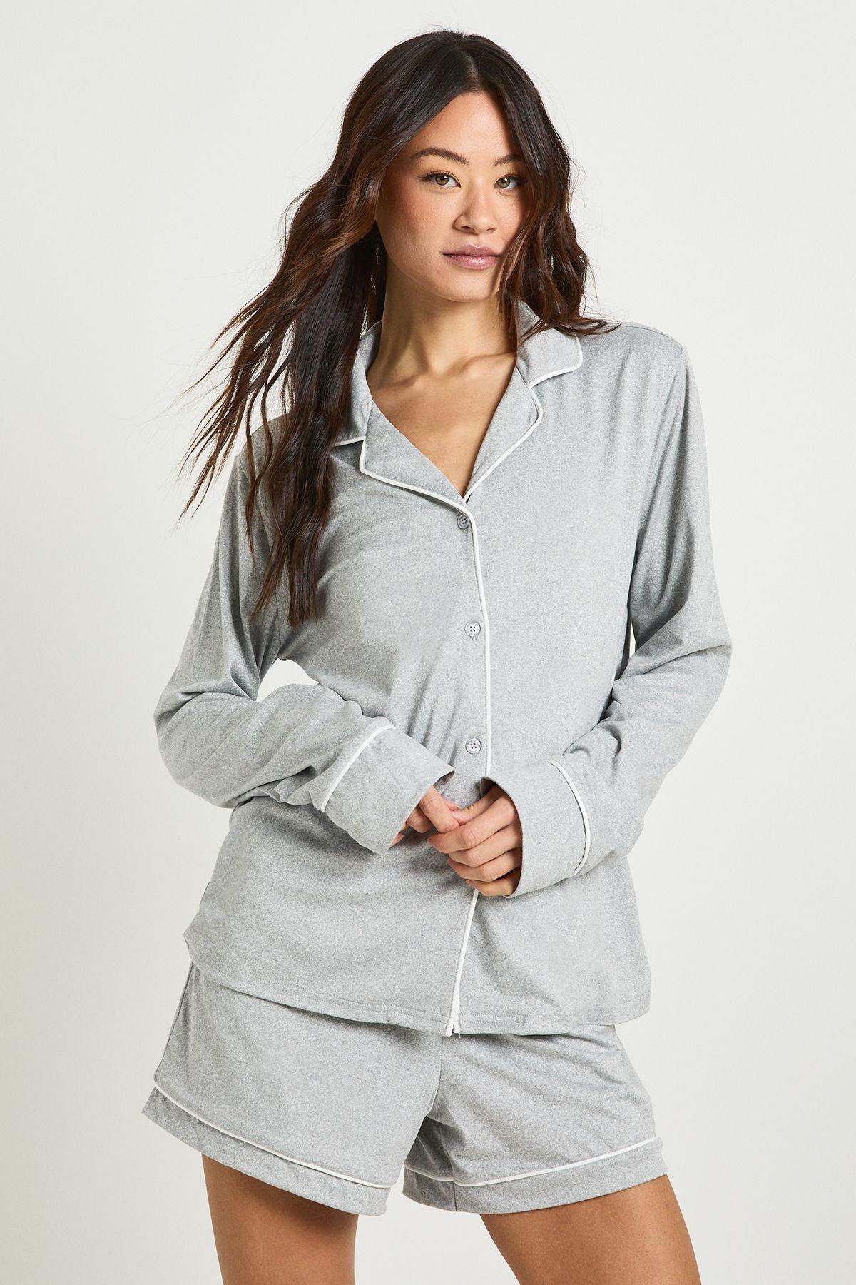 Tall Jersey Piping Detail Long Sleeve Shirt & Shorts Pyjama Set by BOOHOO