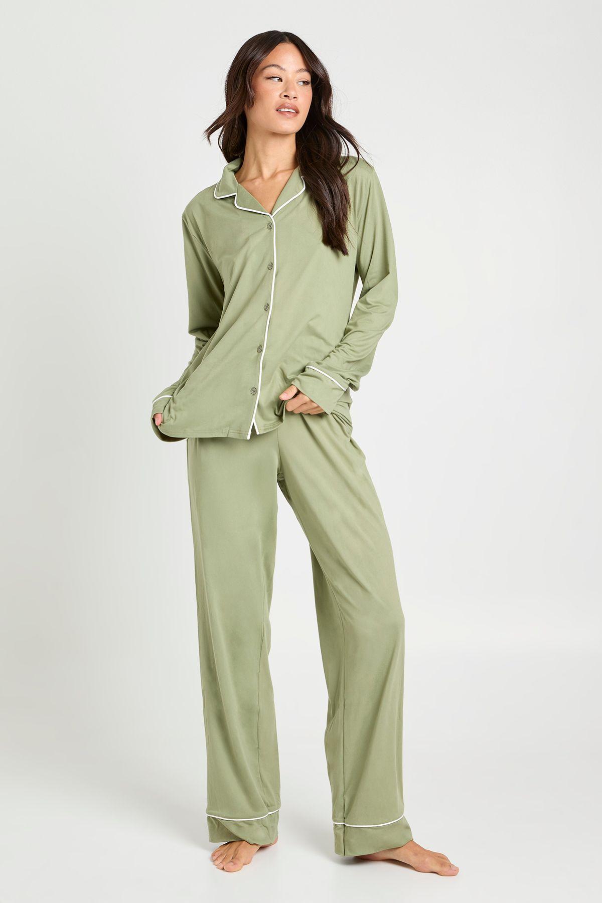 Tall Jersey Piping Detail Long Sleeve Shirt & Trouser Pyjama Set by BOOHOO