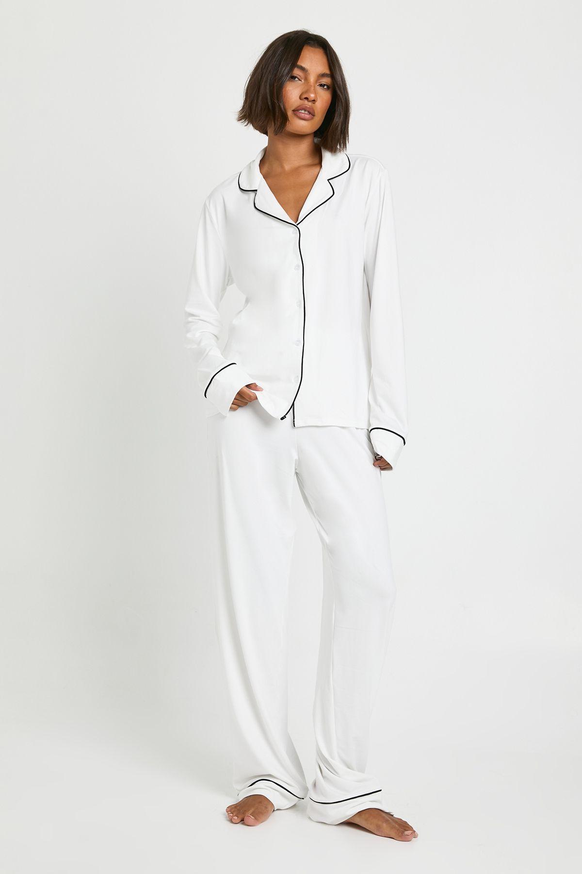 Tall Jersey Piping Detail Long Sleeve Shirt & Trousers Pyjama Set by BOOHOO