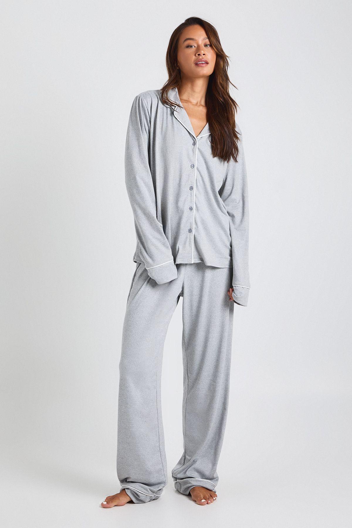 Tall Jersey Piping Detail Long Sleeve Shirt & Trousers Pyjama Set by BOOHOO