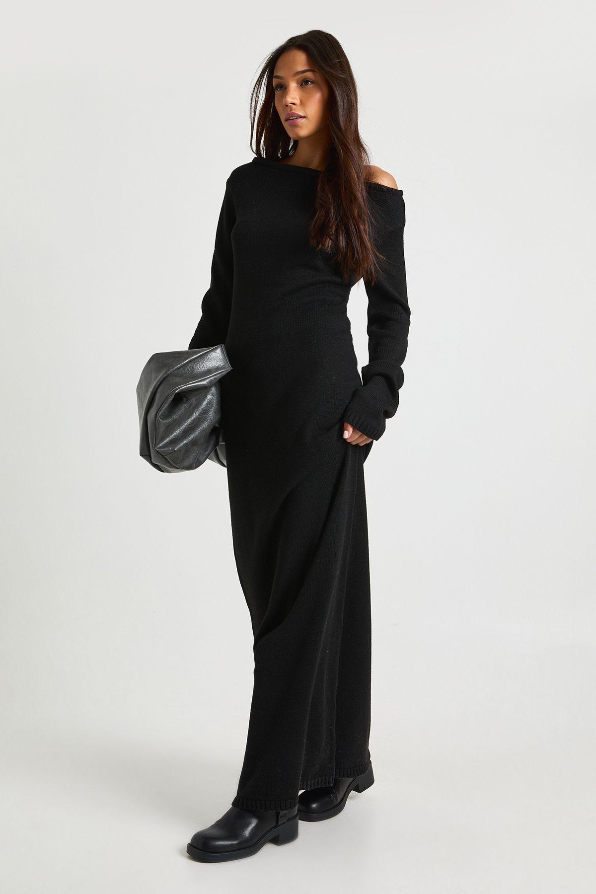 Tall Knitted Slash Neck Maxi Dress by BOOHOO