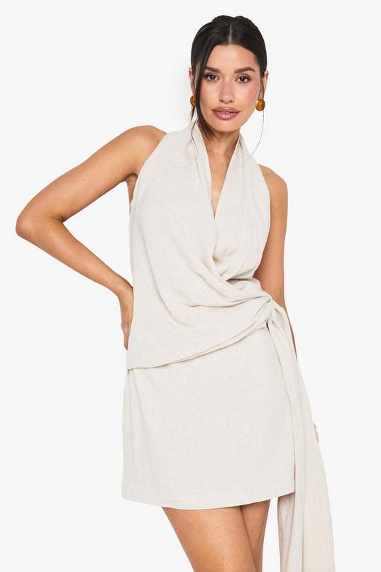 Tall Linen Look Drape Cowl Wrap Mini Dress by BOOHOO Tall Linen Look Drape Cowl Wrap Mini Dress by BOOHOO