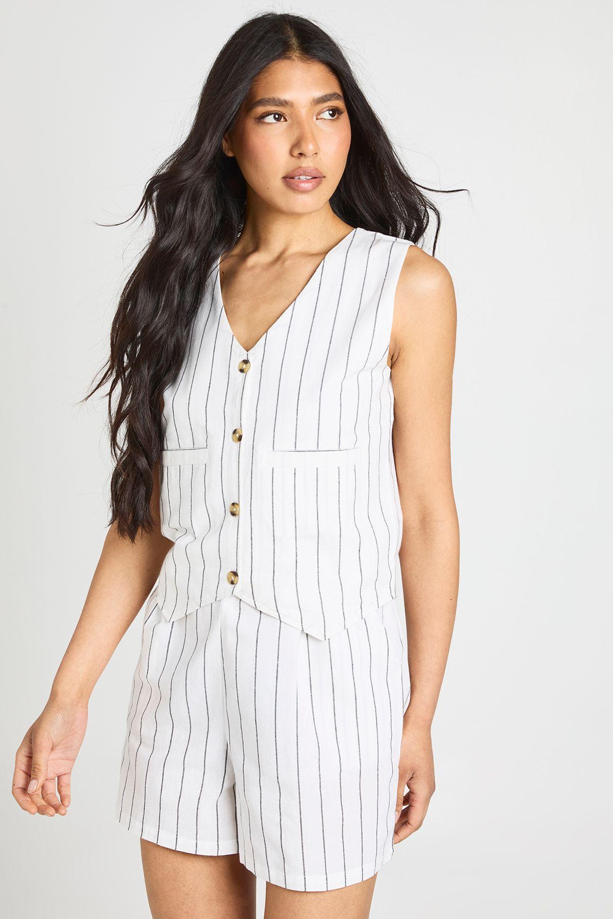 Tall Linen Look Striped Waistcoat & Relaxed Fit Shorts by BOOHOO
