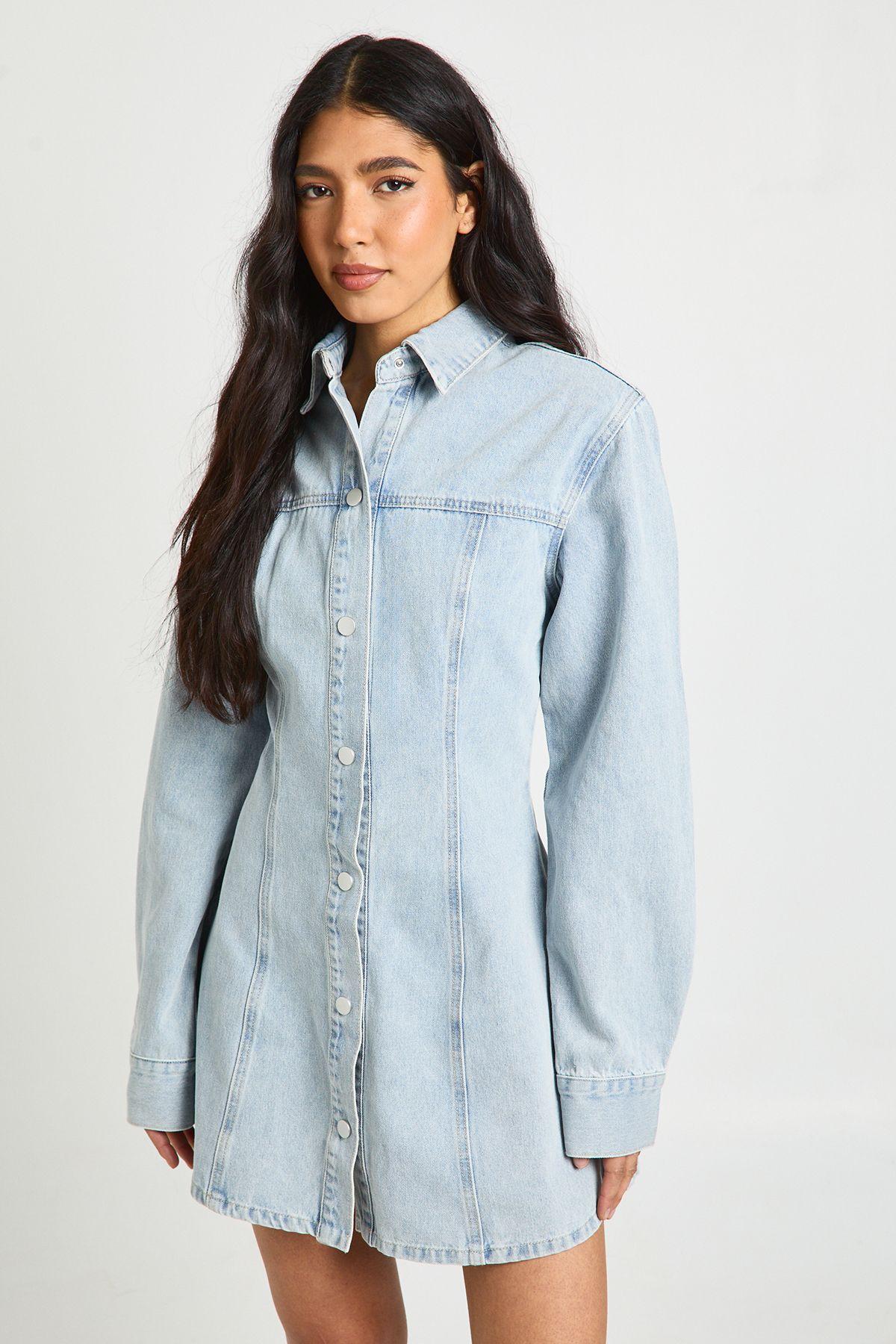 Tall Long Sleeve Cinched Waist Denim Dress by BOOHOO