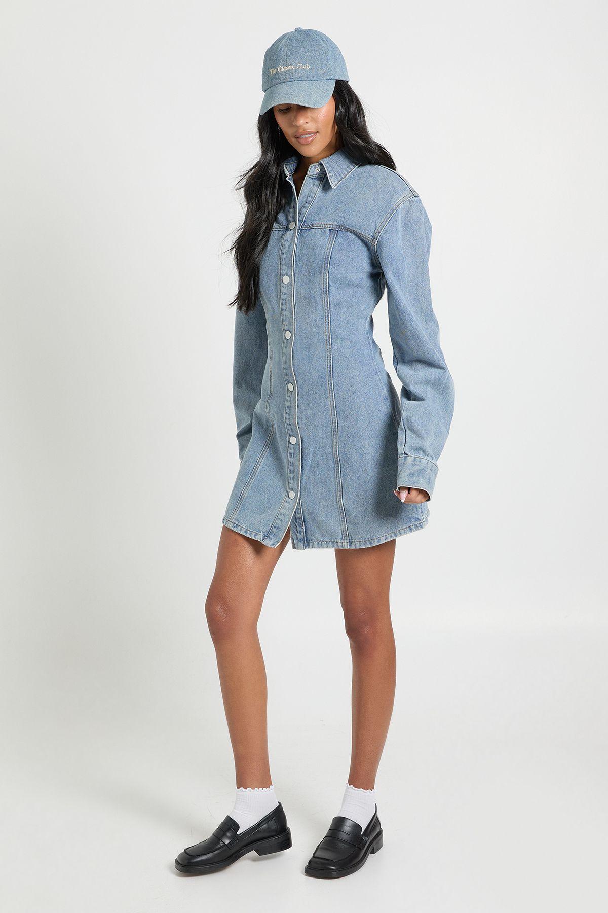 Tall Long Sleeve Cinched Waist Denim Dress by BOOHOO