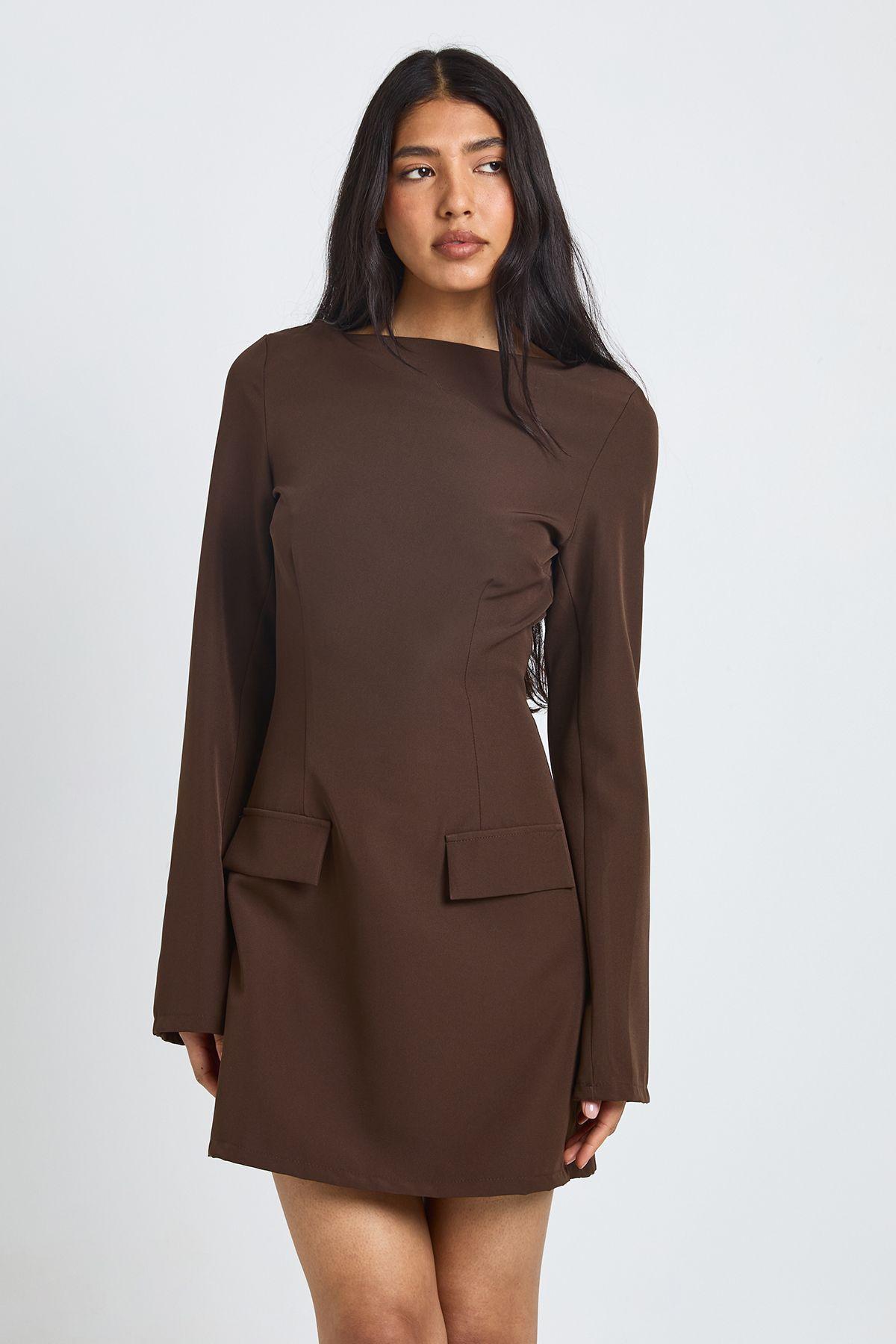 Tall Long Sleeve Slash Neck Tailored Mini Dress by BOOHOO