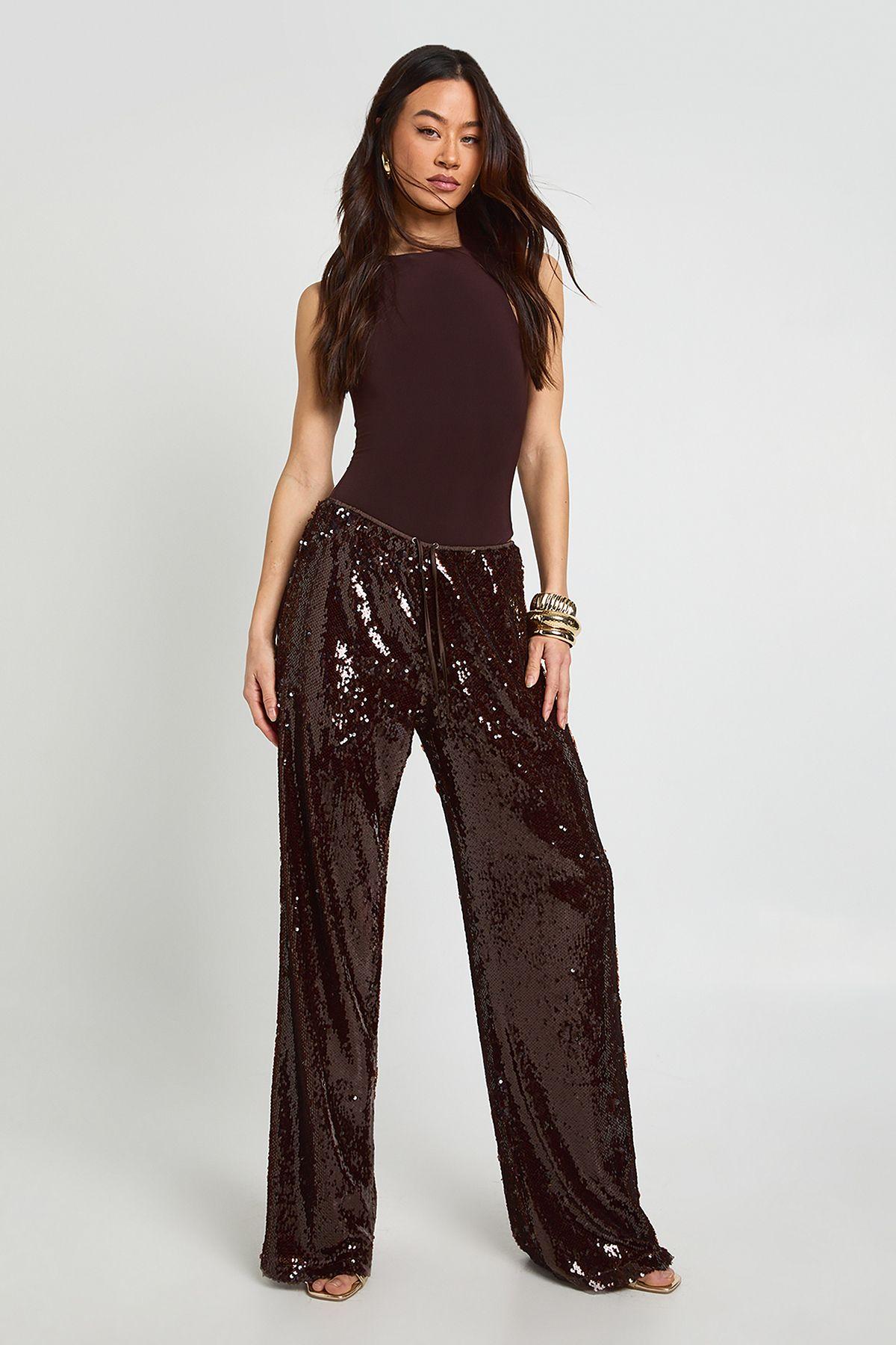 Tall Low Rise Drawcord Waistband Sequin Trouser by BOOHOO