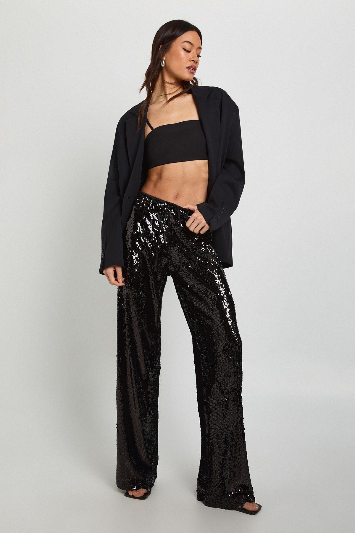 Tall Low Rise Drawcord Waistband Sequin Trouser by BOOHOO