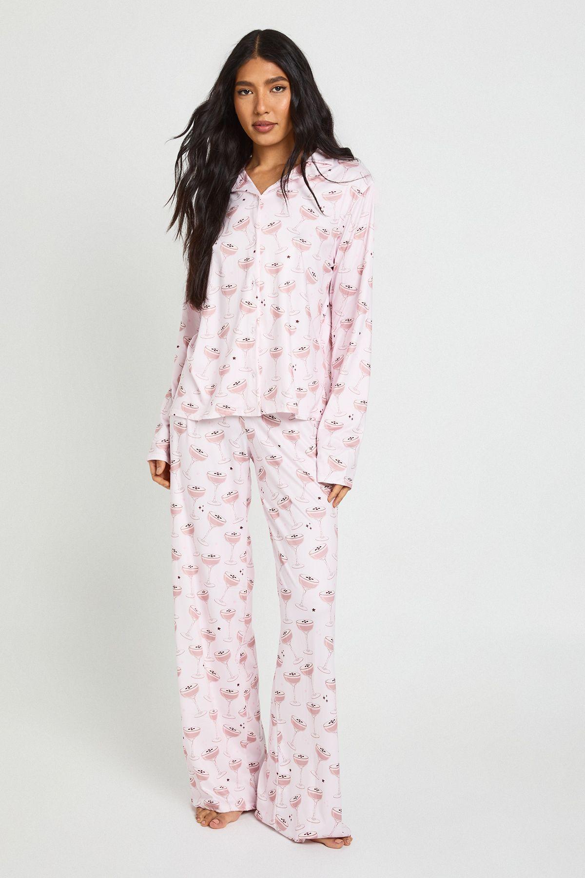 Tall Martini Print Long Sleeve Shirt & Trouser Pyjama Set by BOOHOO