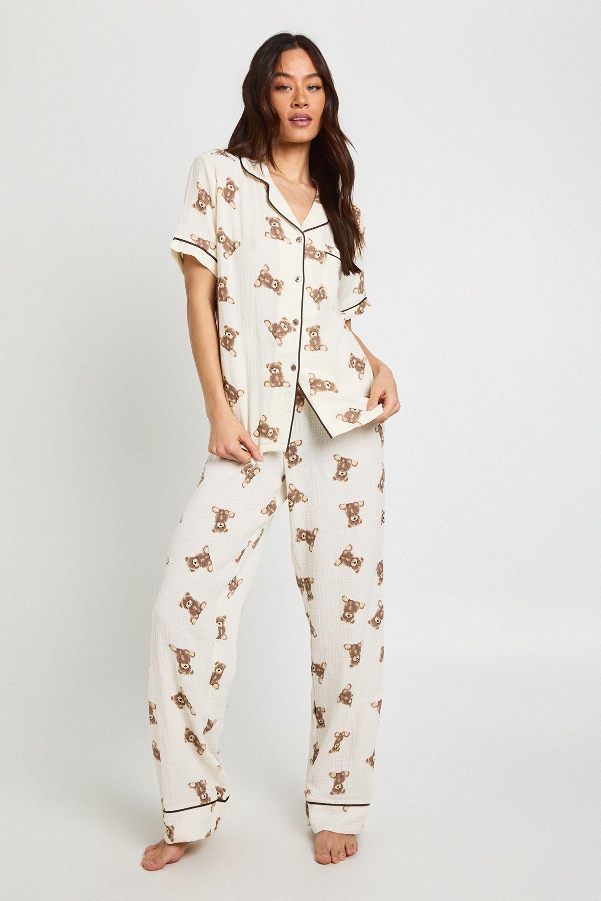 Tall Muslin Bear Print Short Sleeve Shirt & Trouser PJ Set by BOOHOO