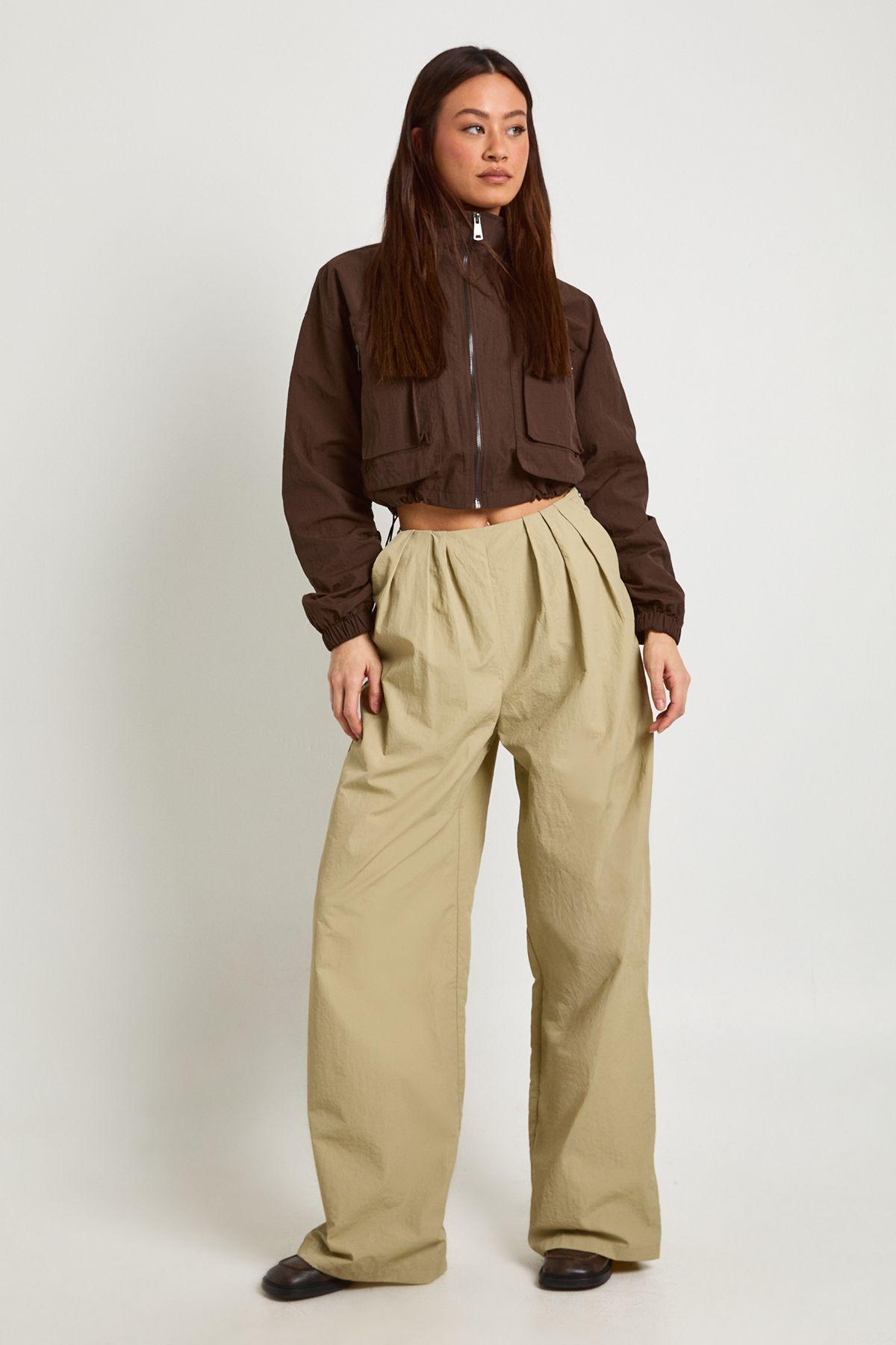 Tall Nylon Pleat Detail Cargo Trousers by BOOHOO
