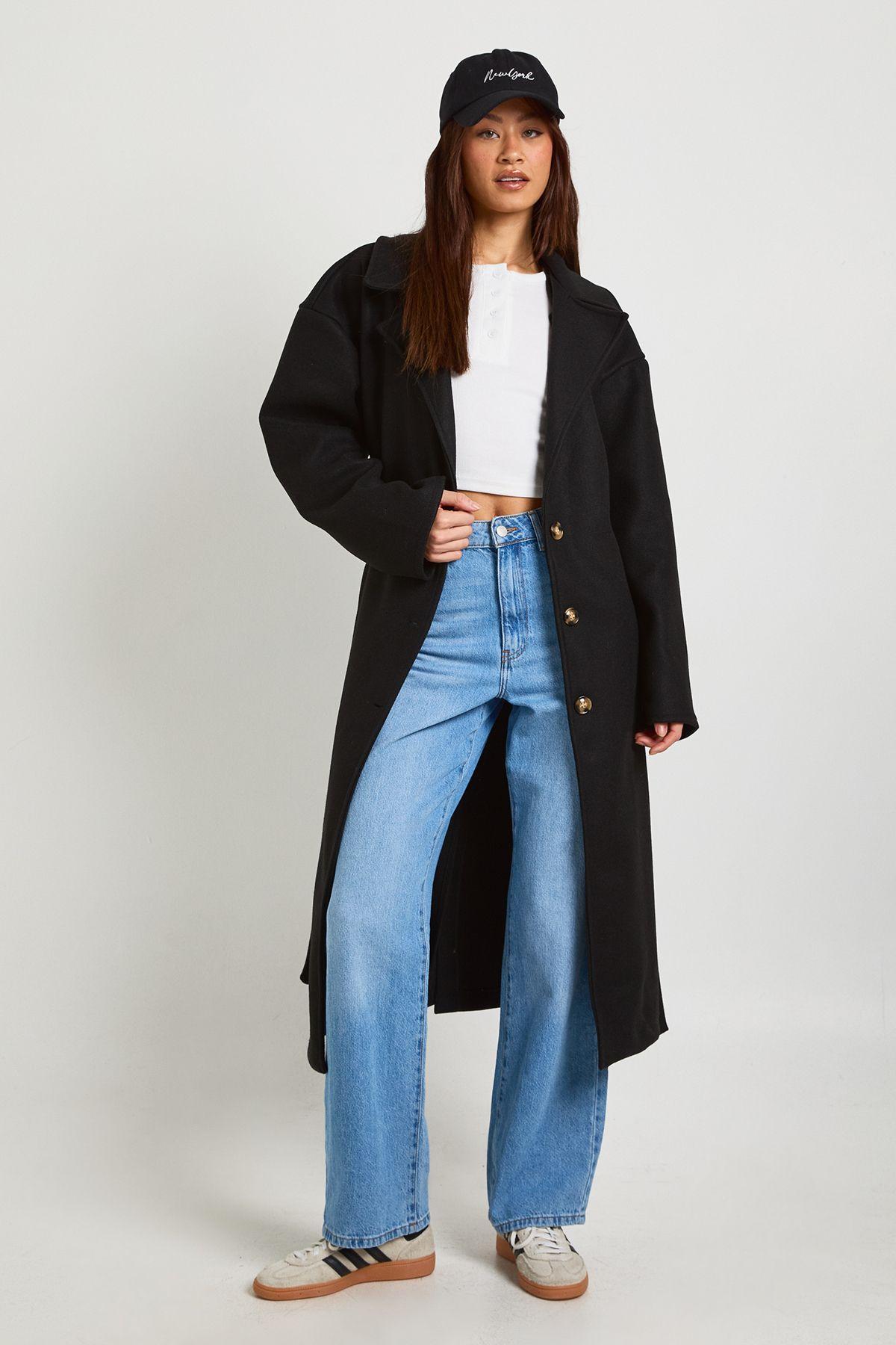 Tall Oversized Belted Button Through Wool Look Coat by BOOHOO