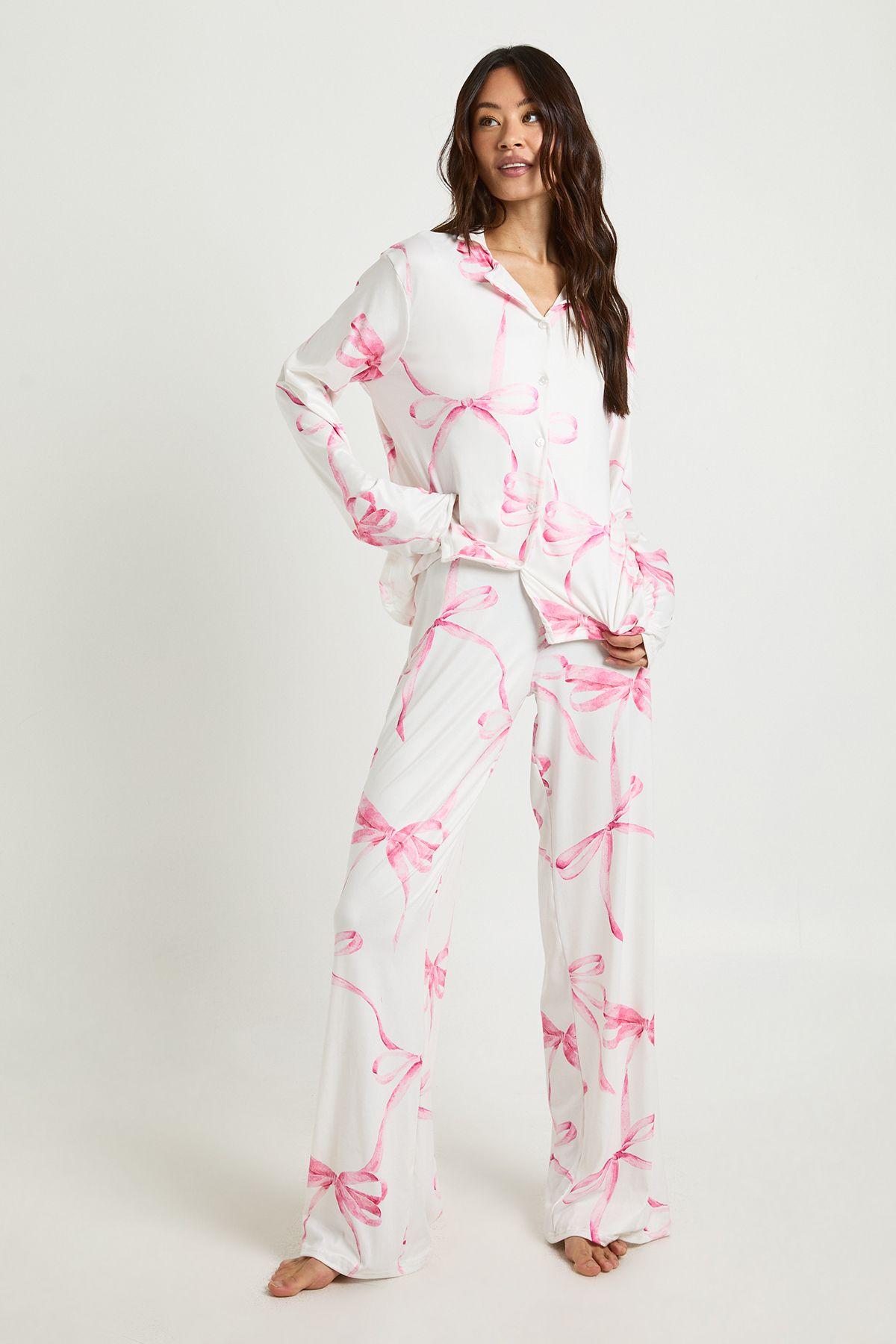 Tall Oversized Bow Print Long Sleeve Top & Trousers Pyjama Set by BOOHOO