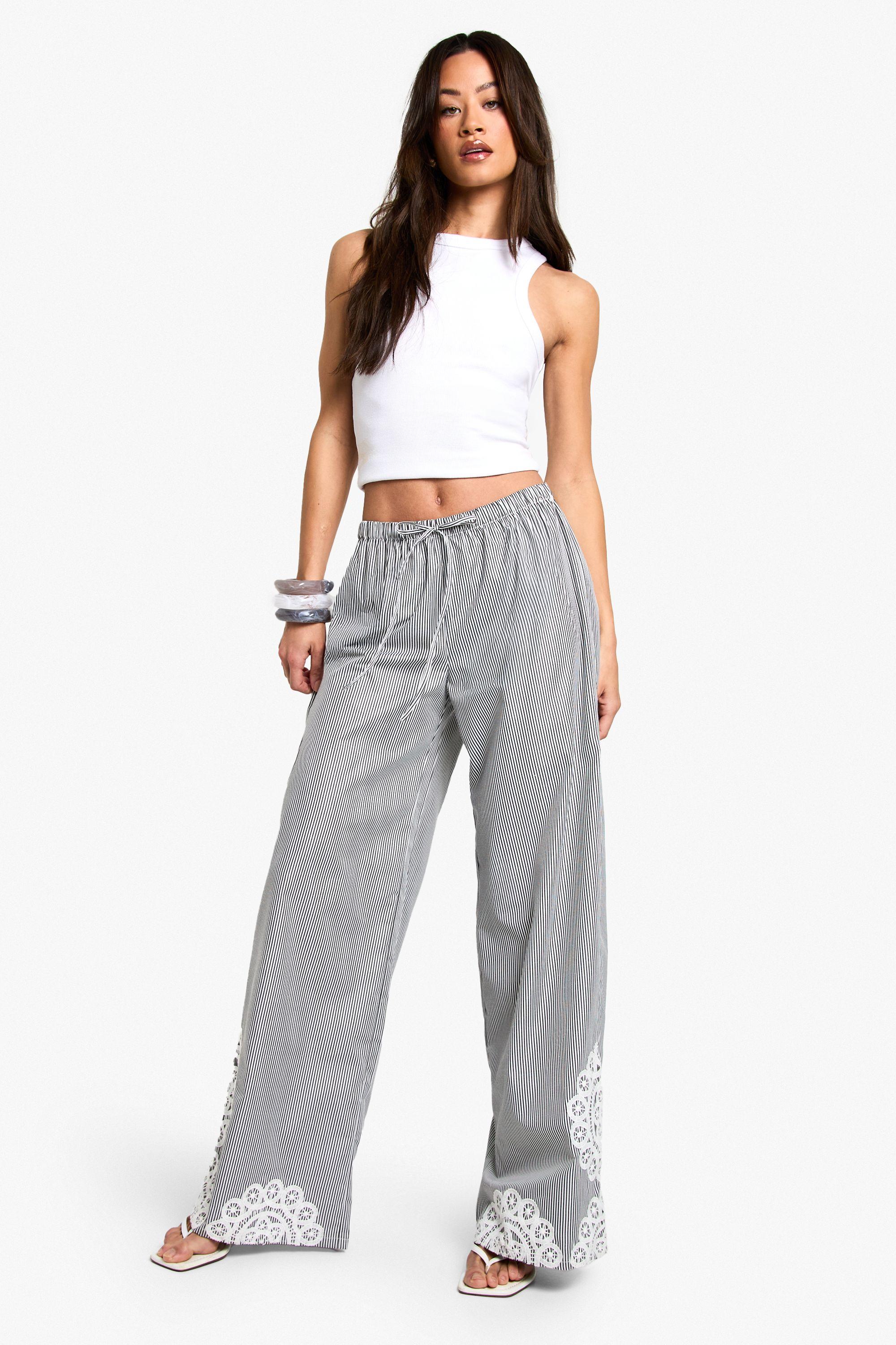 Tall Pinstripe Floral Embroidery Hem Trouser by BOOHOO