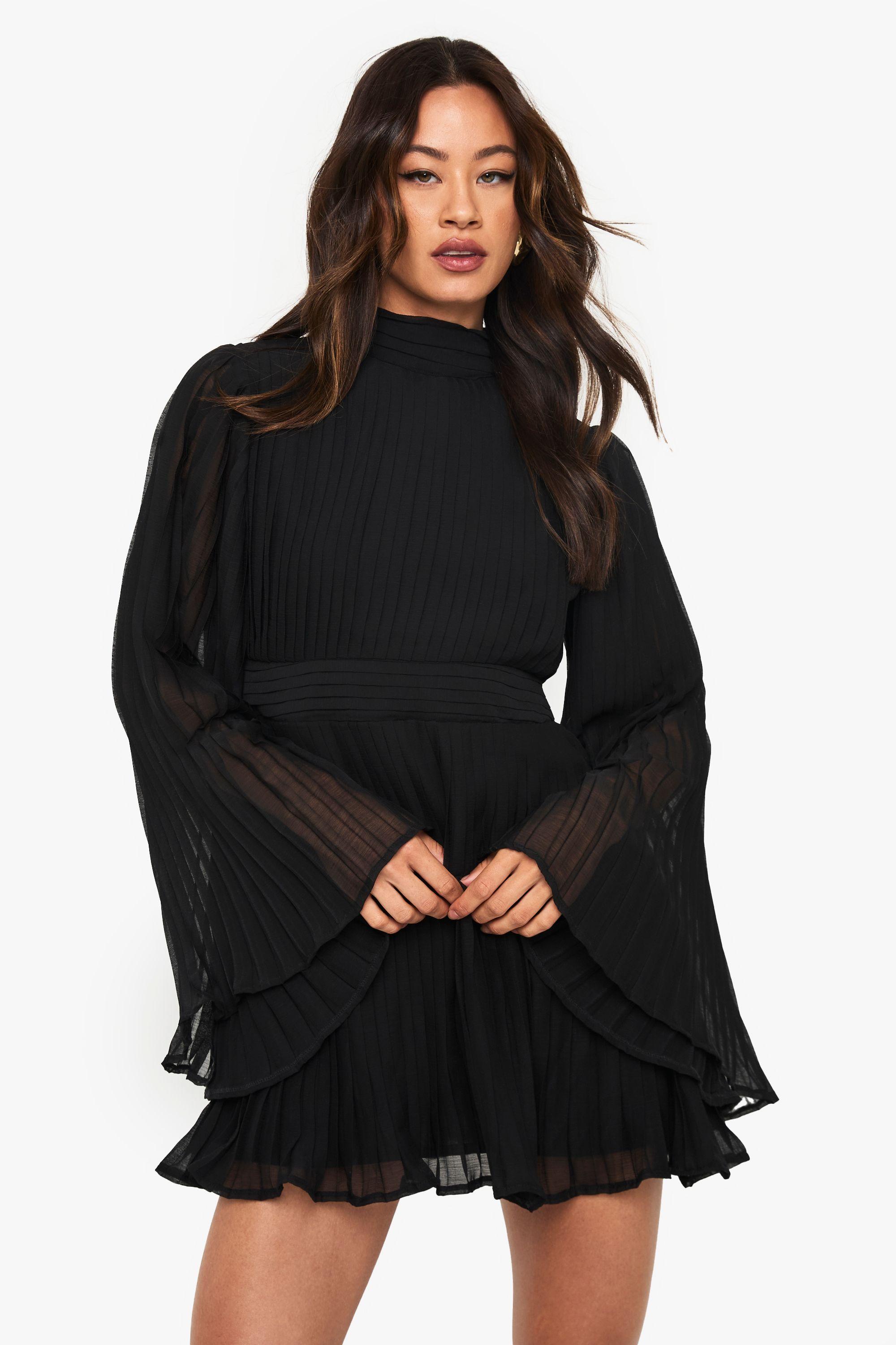 Tall Pleated Chiffon High Neck Flare Sleeve Mini Dress by BOOHOO