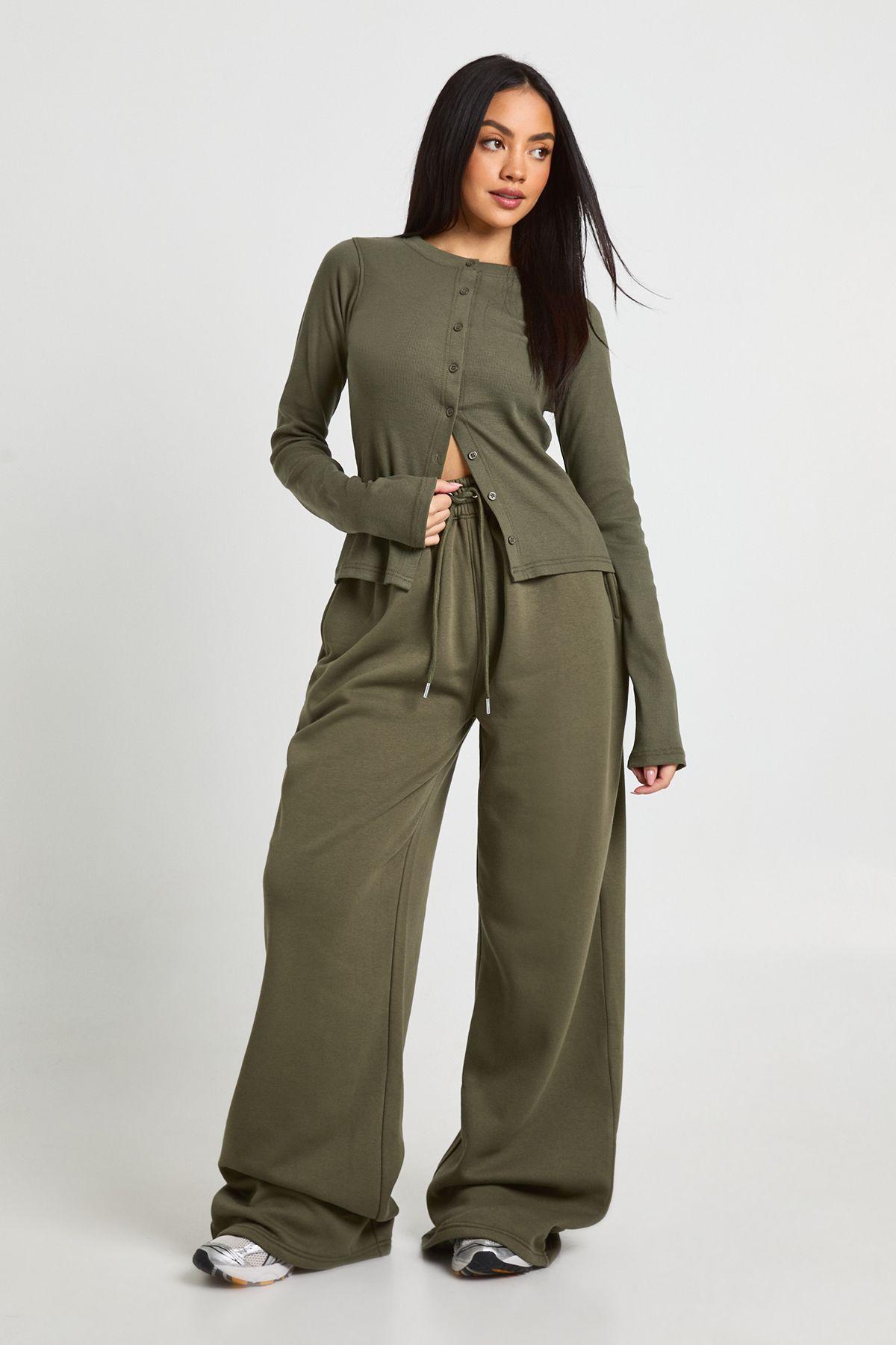 Tall Rib Button Through Long Sleeve Top Tracksuit by BOOHOO