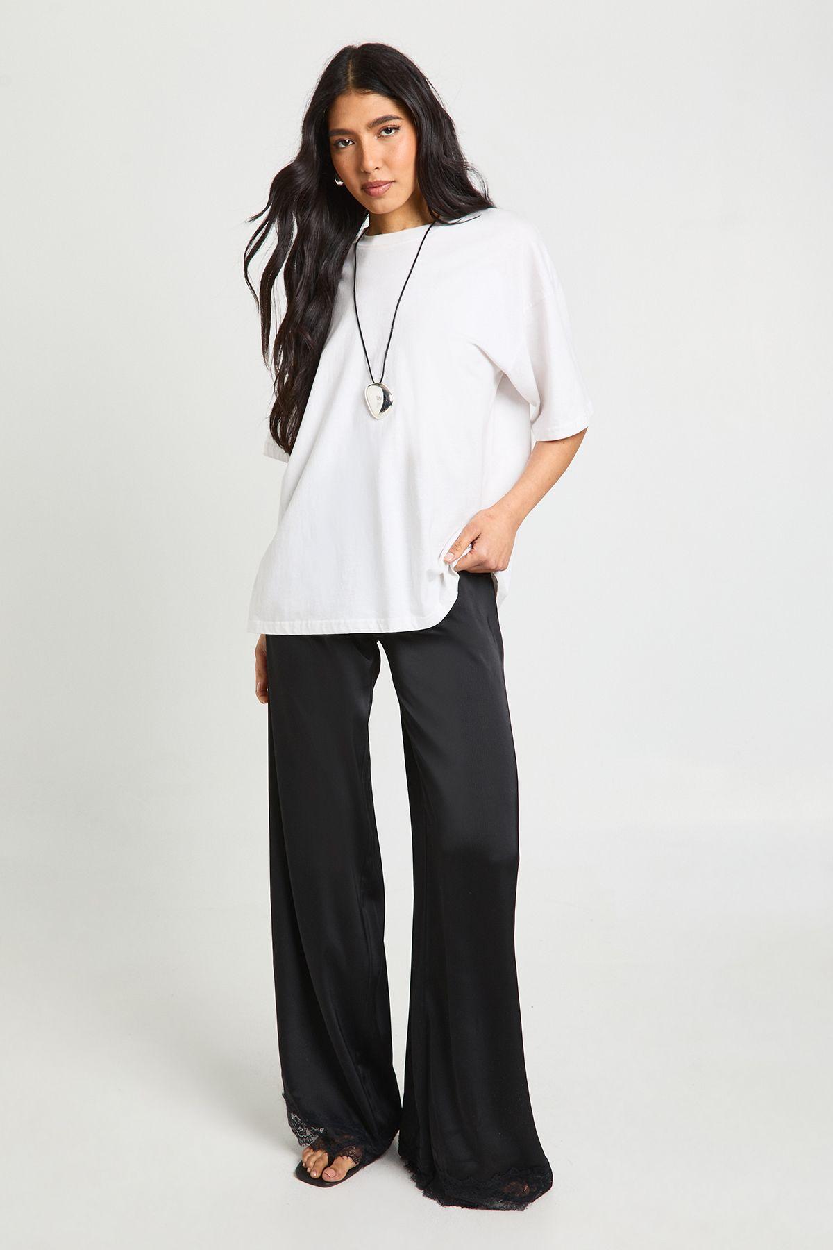 Tall Satin Lace Trim Wide Leg Trousers by BOOHOO