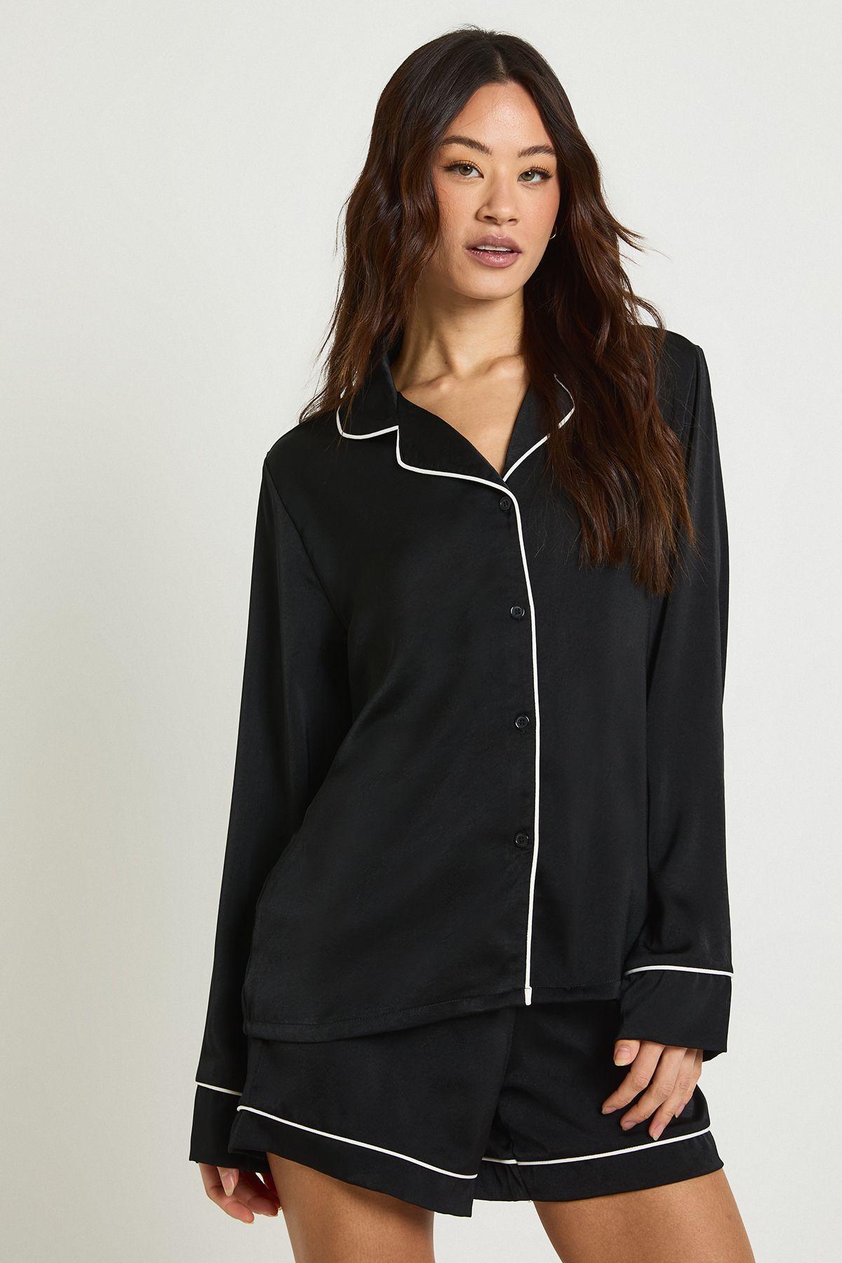 Tall Satin Piping Detail Long Sleeve Shirt & Shorts Pyjama Set by BOOHOO