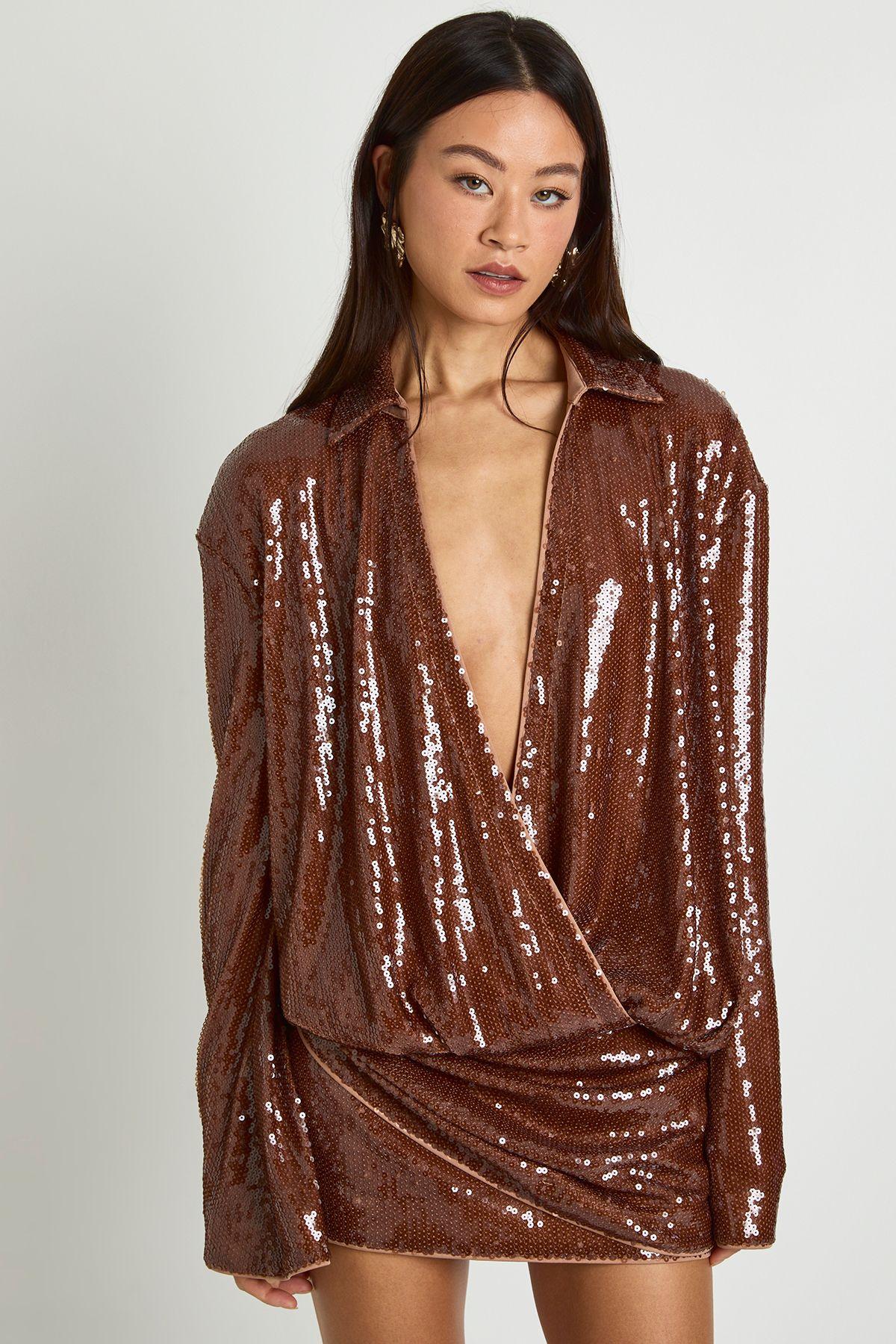 Tall Sequin Draped Flare Sleeve Shirt Dress by BOOHOO