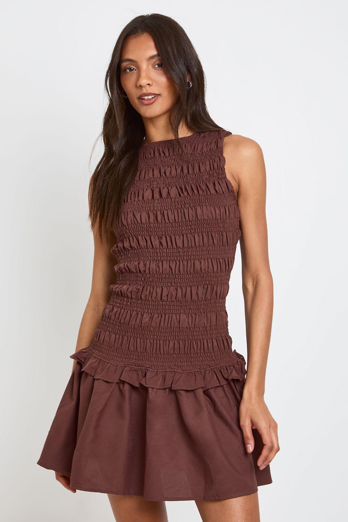 Tall Shirred Racer Neck Smock Dress by BOOHOO