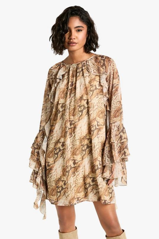 Tall Snake Ruffle Flare Sleeve Mini Shift Dress by BOOHOO