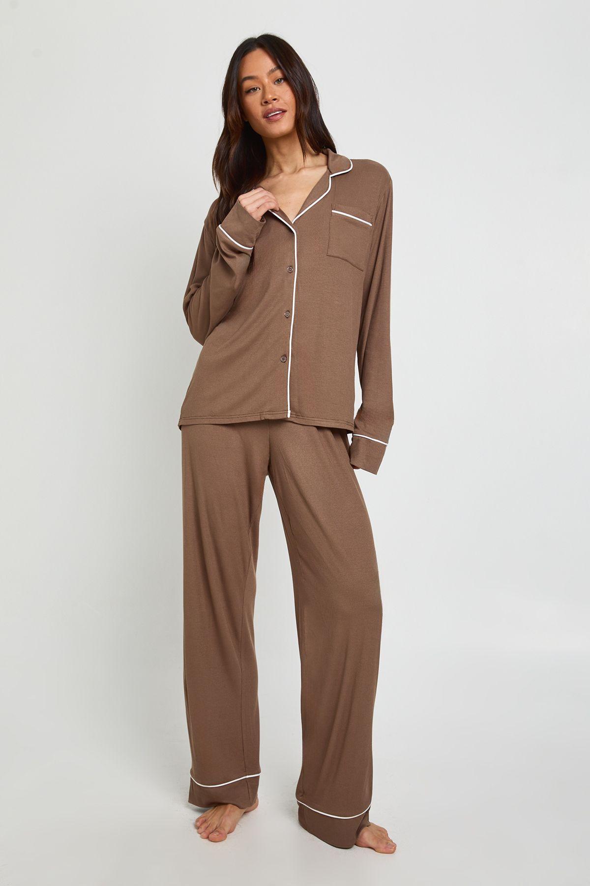 Tall Soft Rib Long Sleeve Shirt & Trouser PJ Set by BOOHOO