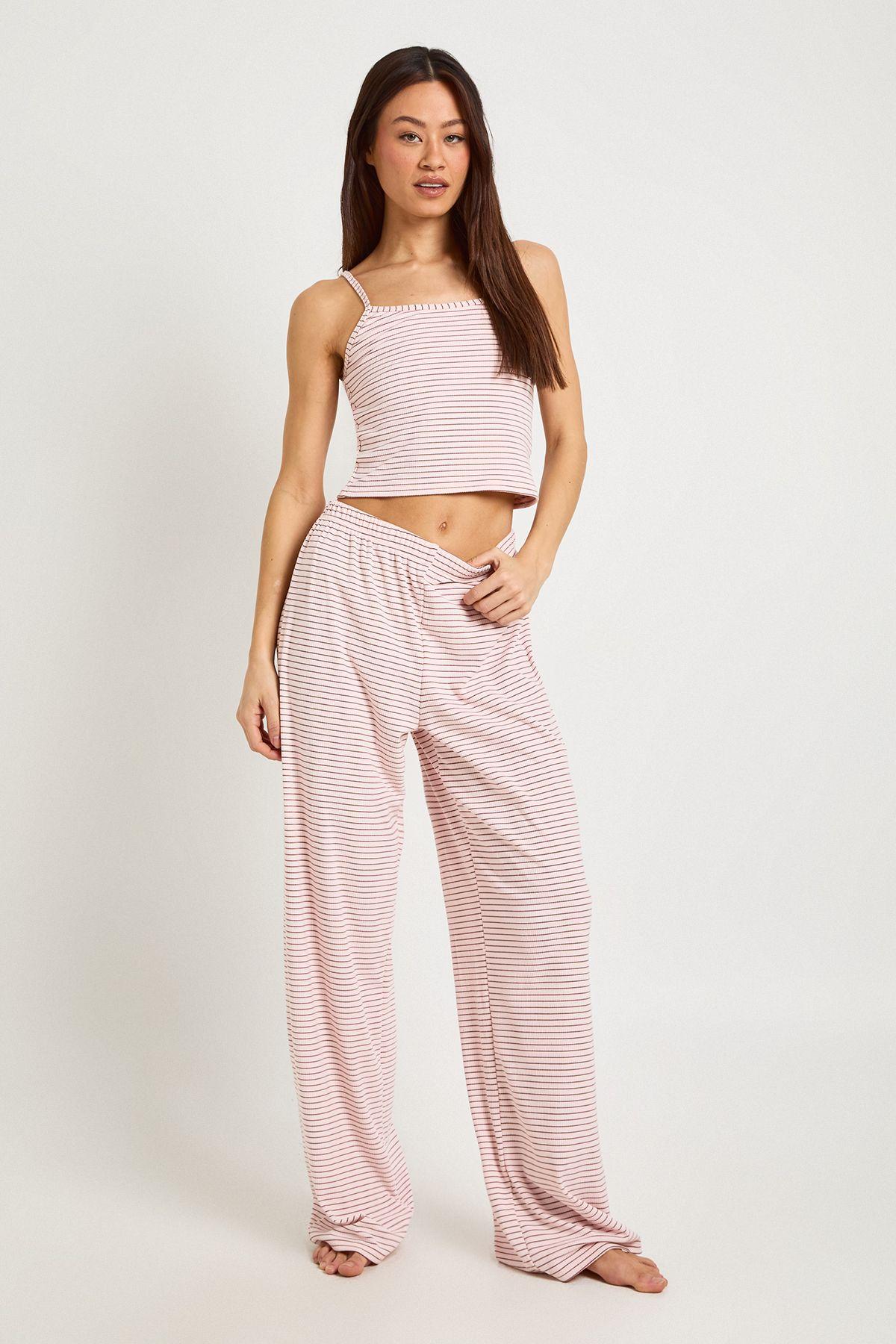 Tall Soft Rib Stripe Cami & Trouser Pyjama Set by BOOHOO