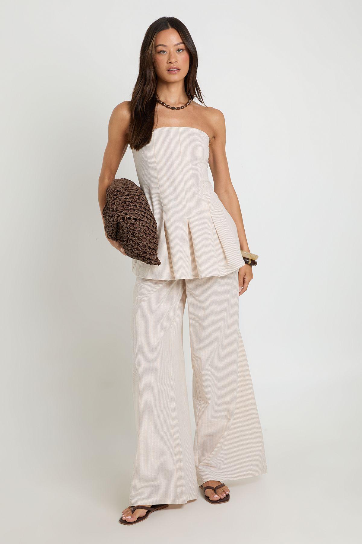 Tall Stripe Linen Look Bandeau and Wide Leg Trouser Co-ord by BOOHOO
