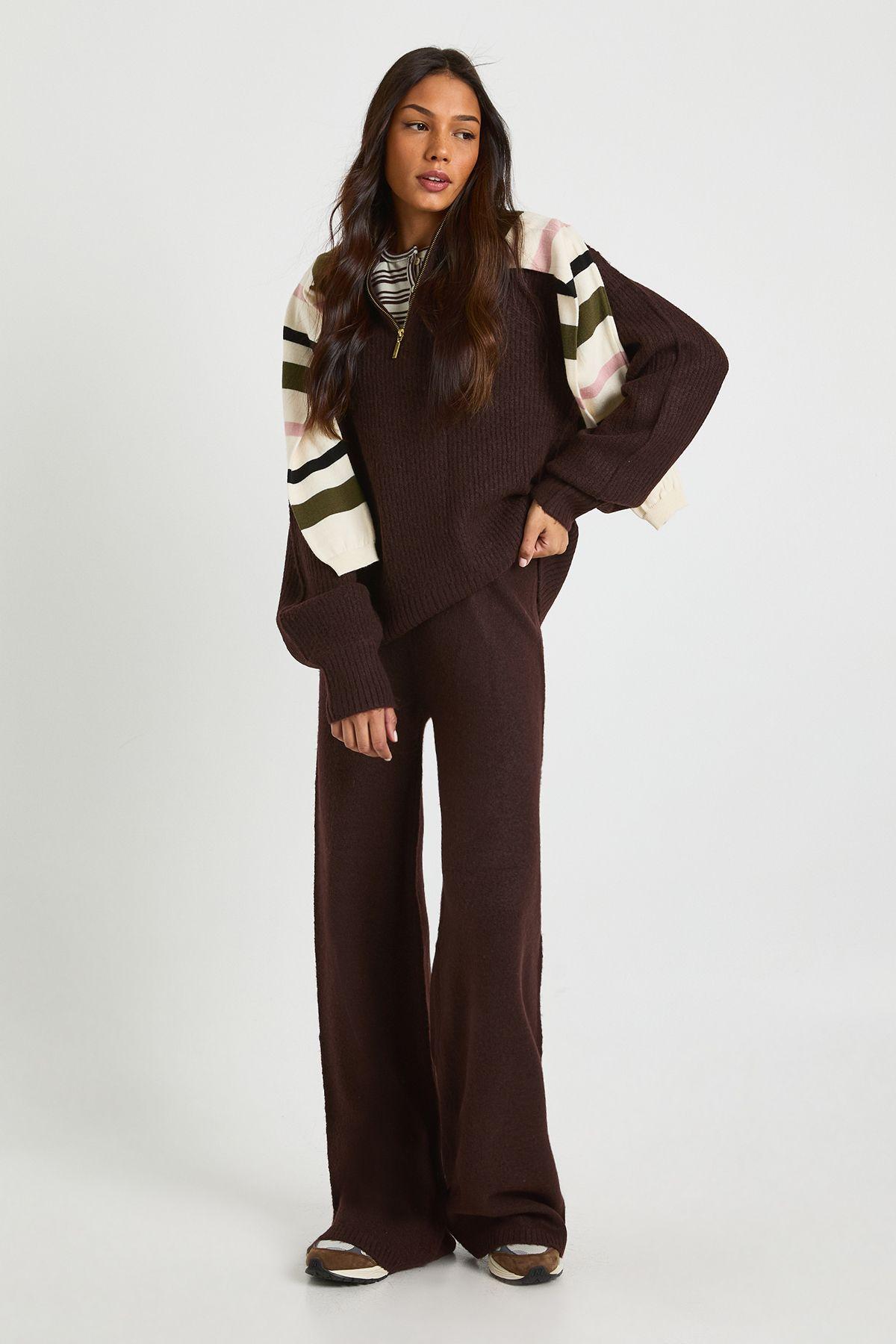 Tall Super Soft Zip Neck Oversized Jumper and Wide Leg Trouser Co-Ord by BOOHOO