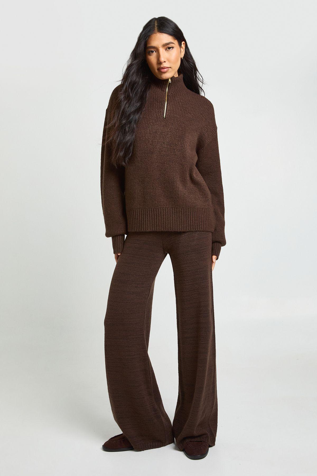Tall Super Soft Zip Neck Oversized Jumper and Wide Leg Trouser Co-Ord by BOOHOO
