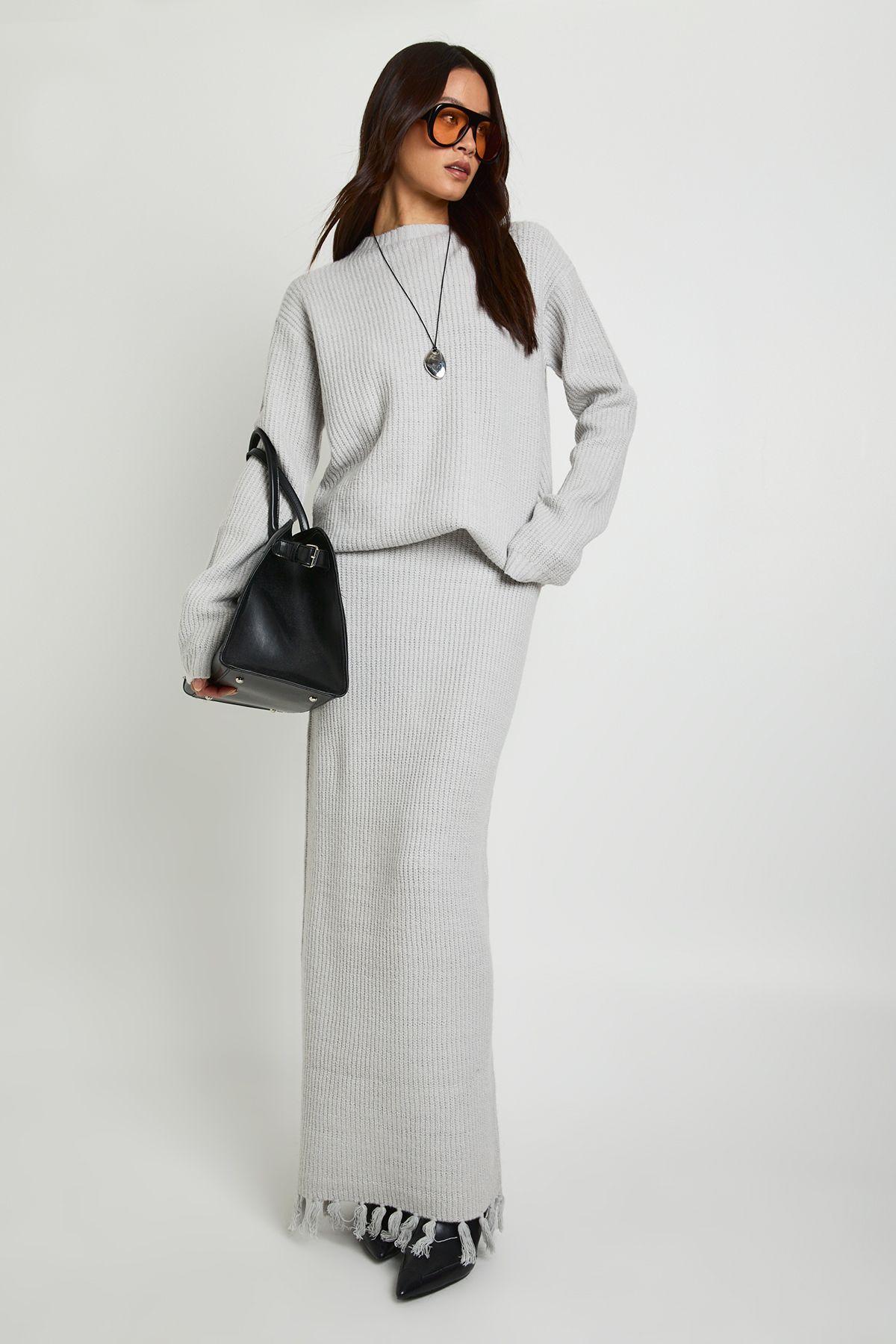 Tall Tassel Hem Detail Oversized Jumper and Knitted Skirt Co-Ord by BOOHOO