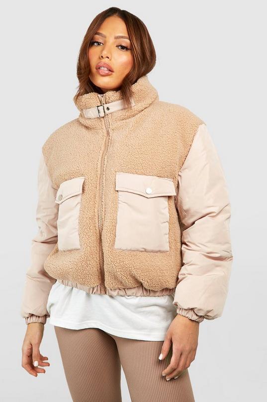 Tall Teddy Detail Utility Pocket Puffer Jacket by BOOHOO Tall Teddy Detail Utility Pocket Puffer Jacket by BOOHOO