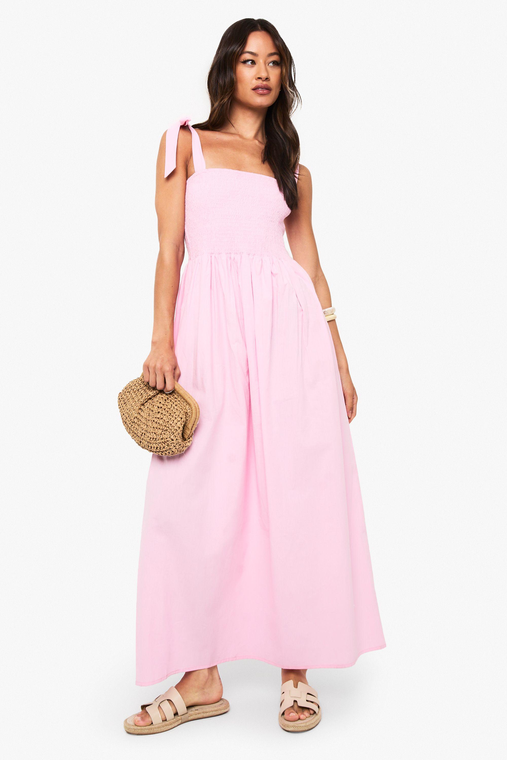 Tall Tie Strap Shirred Poplin Maxi Dress by BOOHOO