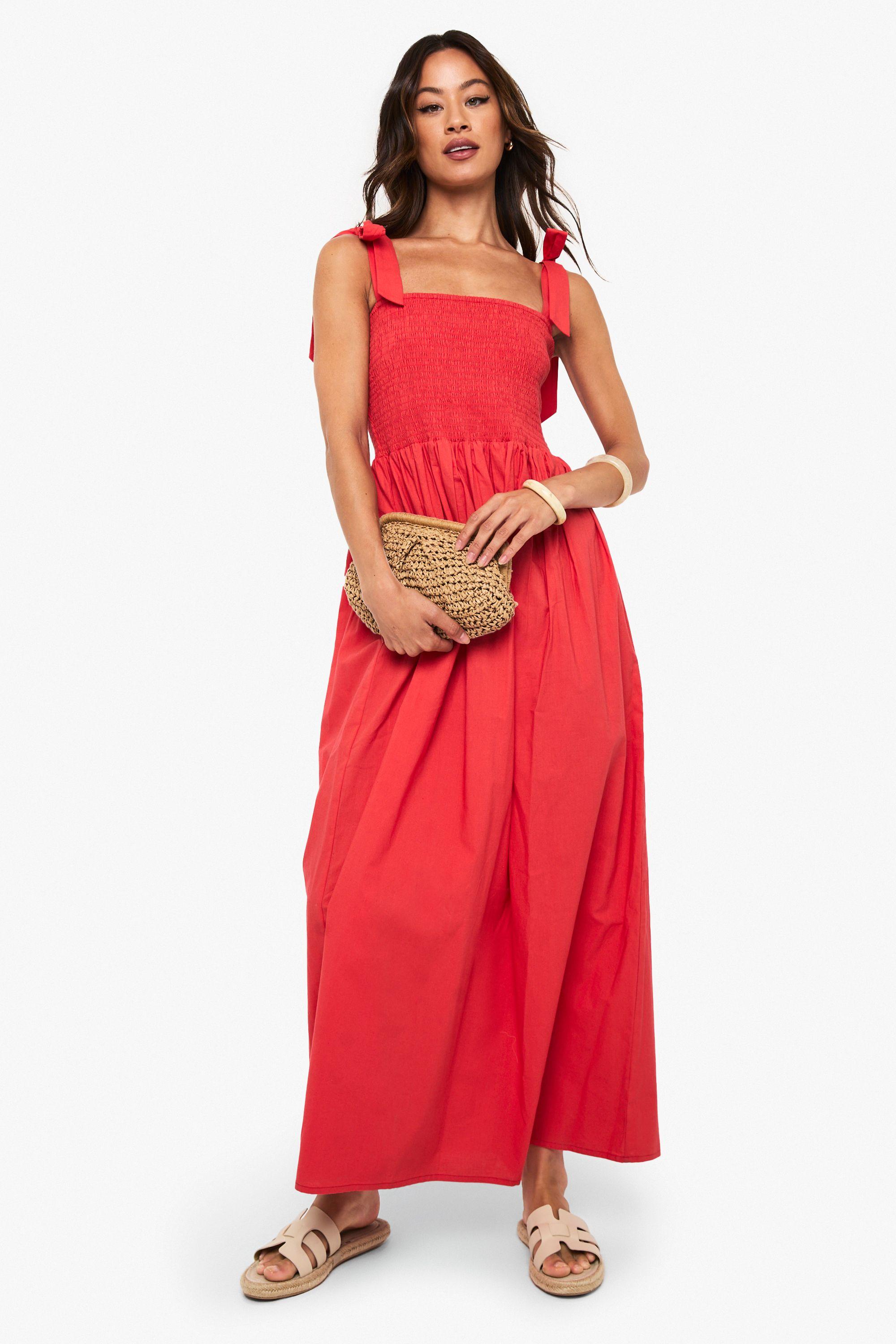 Tall Tie Strap Shirred Poplin Maxi Dress by BOOHOO