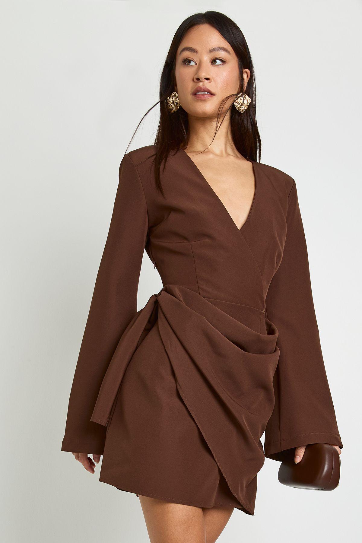 Tall Tie Waist Collarless Draped Blazer Dress by BOOHOO