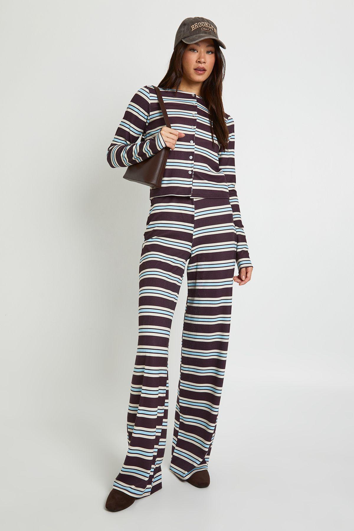 Tall Tonal Stripe Crinkle Cardigan & Wide Leg Trouser Set by BOOHOO