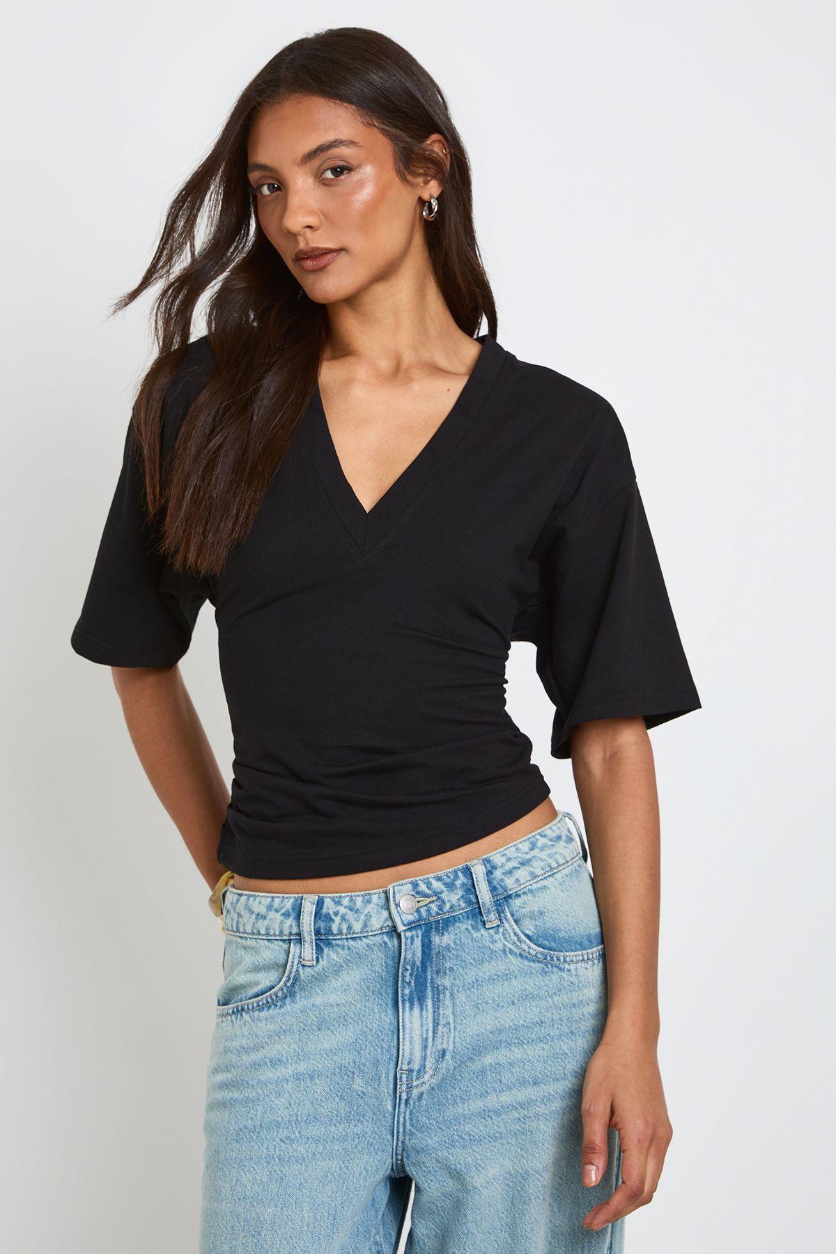 Tall V-Neck Cinched Waist T-Shirt by BOOHOO
