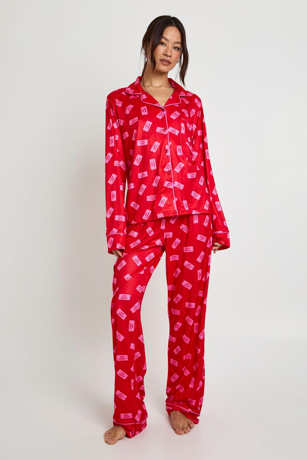Tall Valentines Lucky You Print Long Sleeve Shirt & Trouser 3 Piece Pyjama Set by BOOHOO