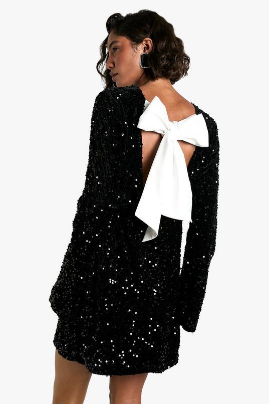 Tall Velvet Sequin Bow Back Mini Dress by BOOHOO