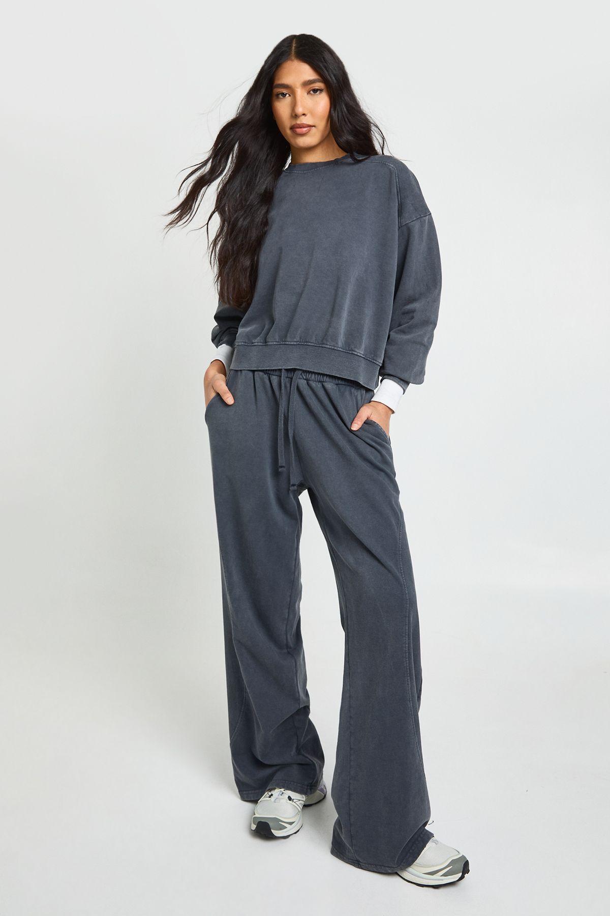 Tall Washed Ribbed Detail Sweatshirt Straight Leg Tracksuit by BOOHOO
