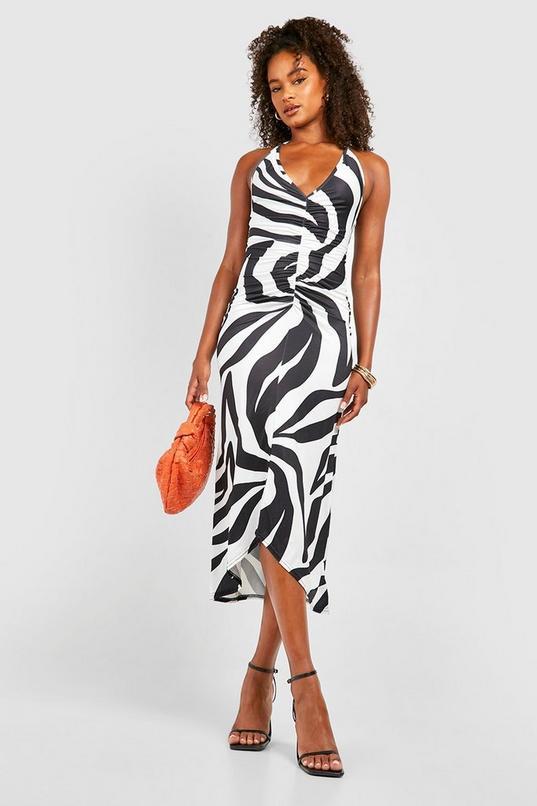 Tall Zebra Print Plunge Ruched Midaxi Dress by BOOHOO