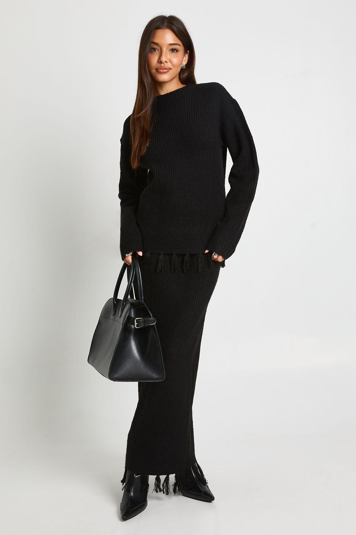 Tassel Hem Detail Oversized Jumper and Knitted Skirt Co-Ord by BOOHOO