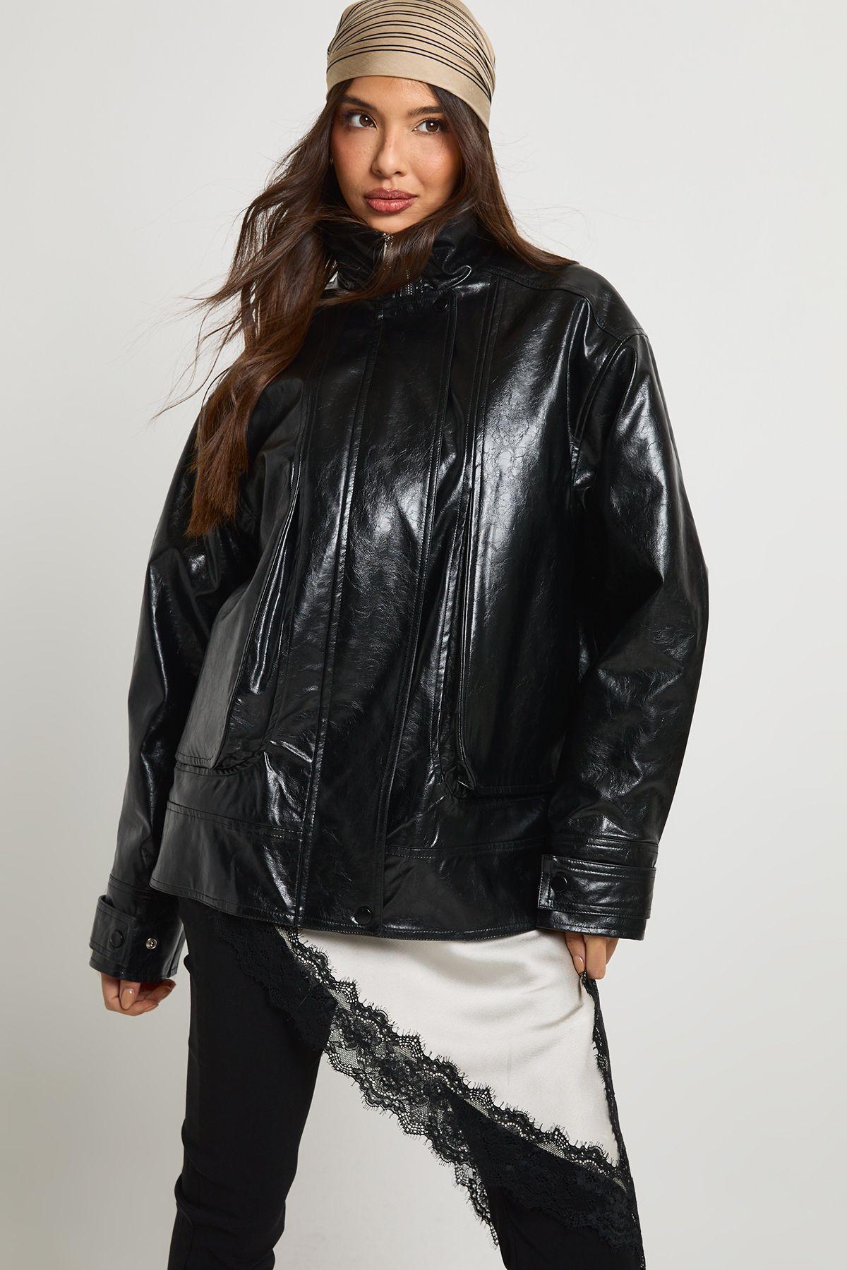 Teddy Lined Faux Leather Bomber Jacket by BOOHOO