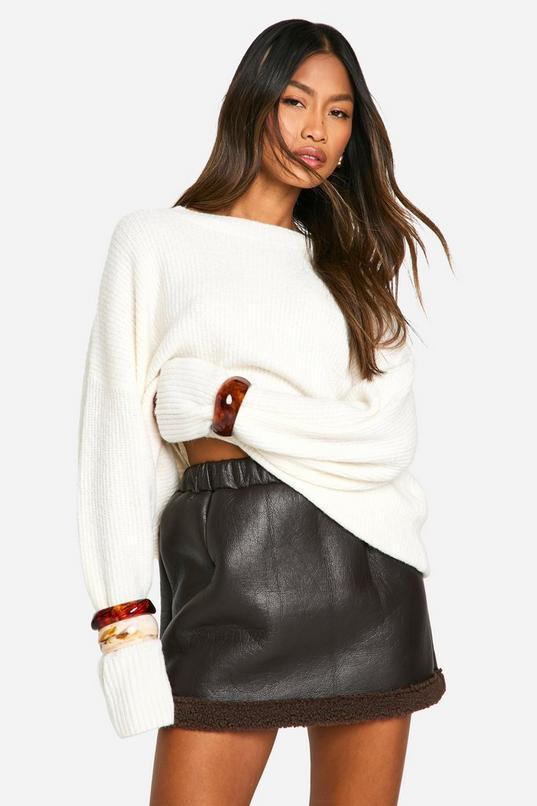 Teddy Trim Faux Leather Skirt by BOOHOO