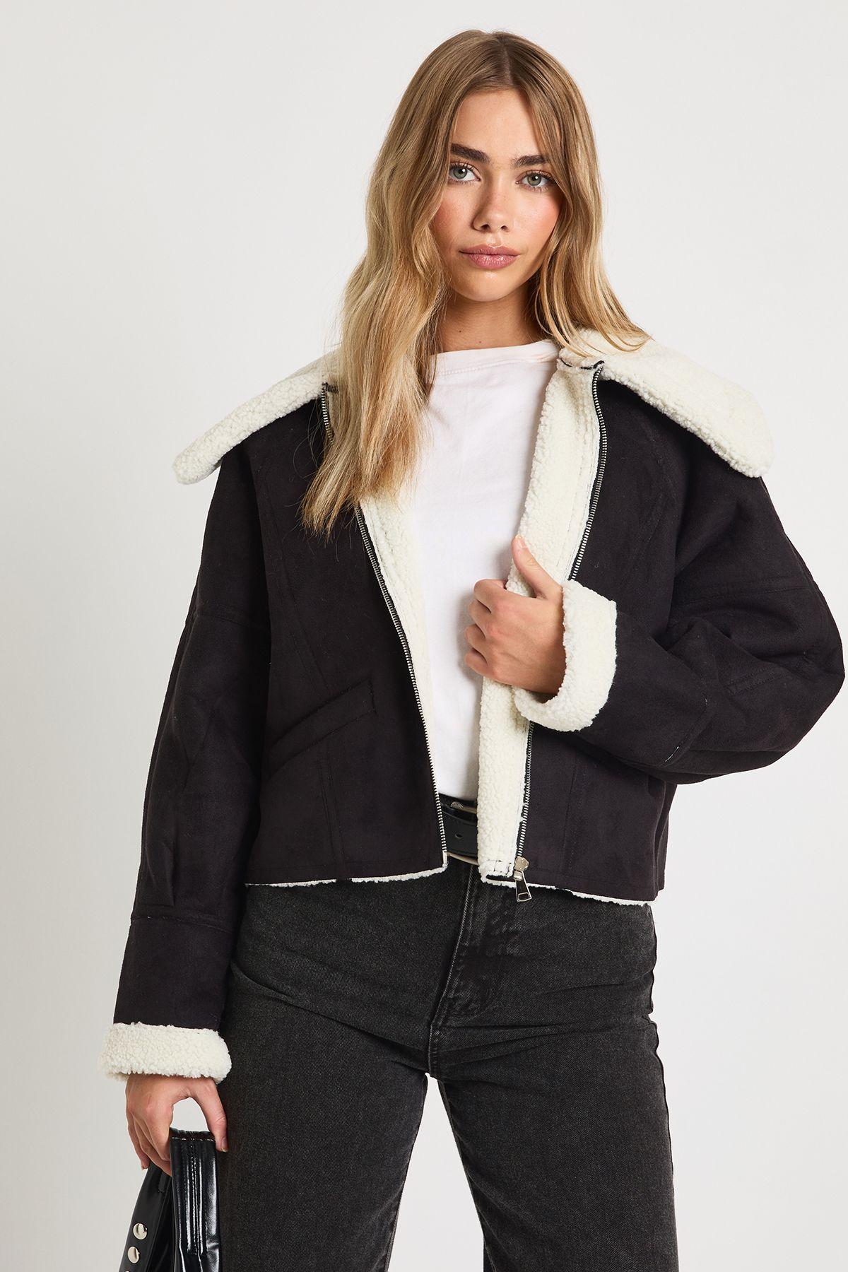 Teddy Trim Faux Suede Aviator by BOOHOO Teddy Trim Faux Suede Aviator by BOOHOO