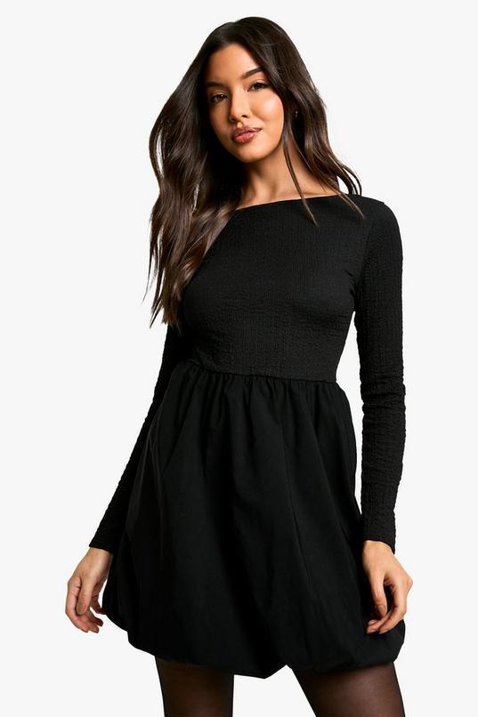 Texture Long Sleeve Volume Skirt Mini Dress by BOOHOO