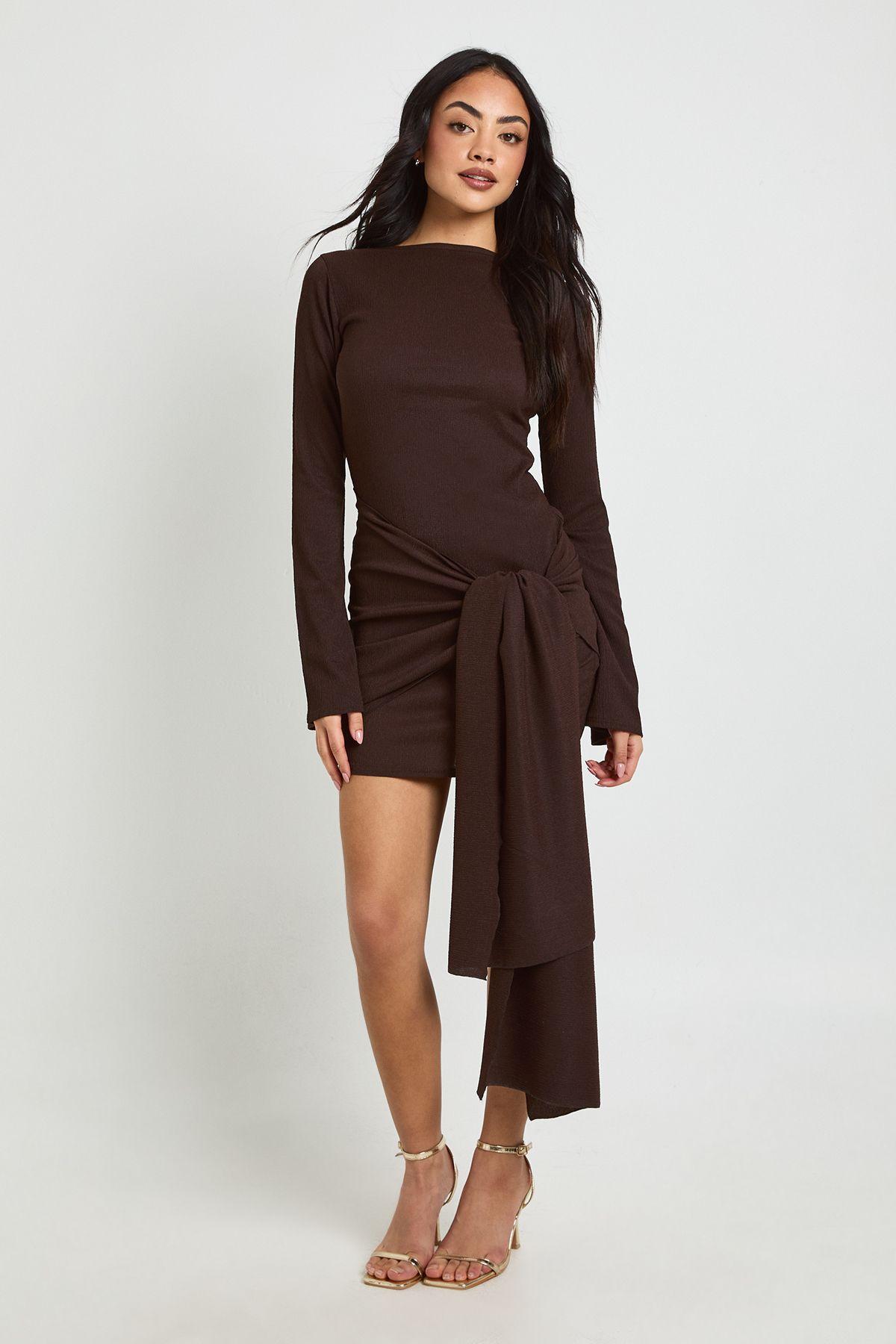 Texture Wrap Tie Front Mini Dress by BOOHOO