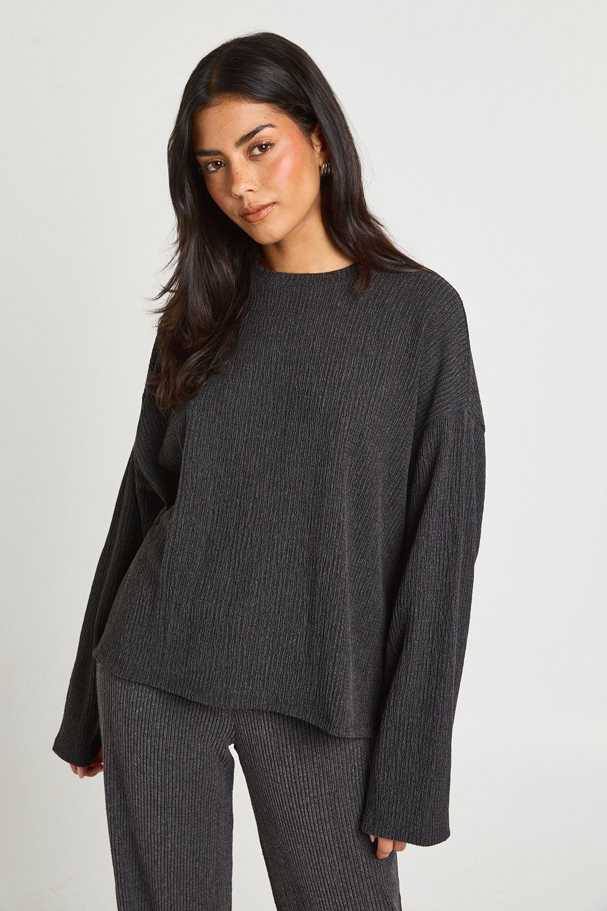 Textured Boxy Long Sleeve Top by BOOHOO