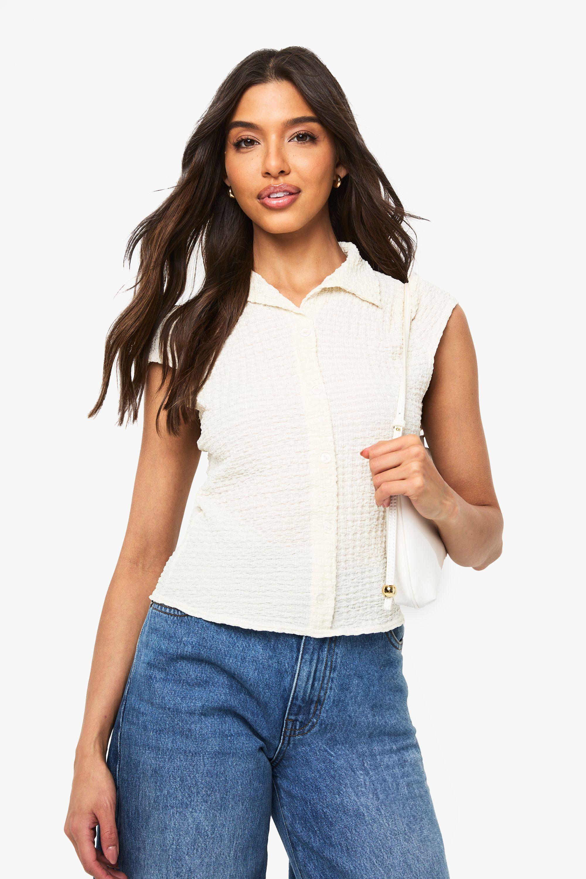 Textured Cap Sleeve Button Through Top by BOOHOO Textured Cap Sleeve Button Through Top by BOOHOO