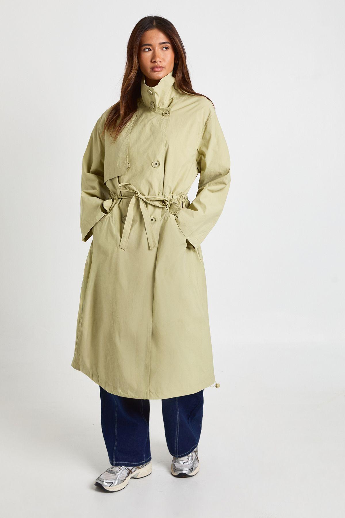 Textured Cinched Waist Trench Coat by BOOHOO